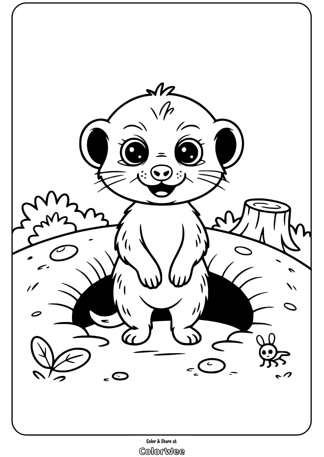 Cute meerkat coloring page with big eyes and playful background.