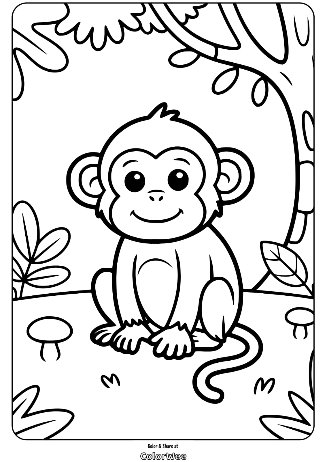 Cute monkey coloring page with jungle background.
