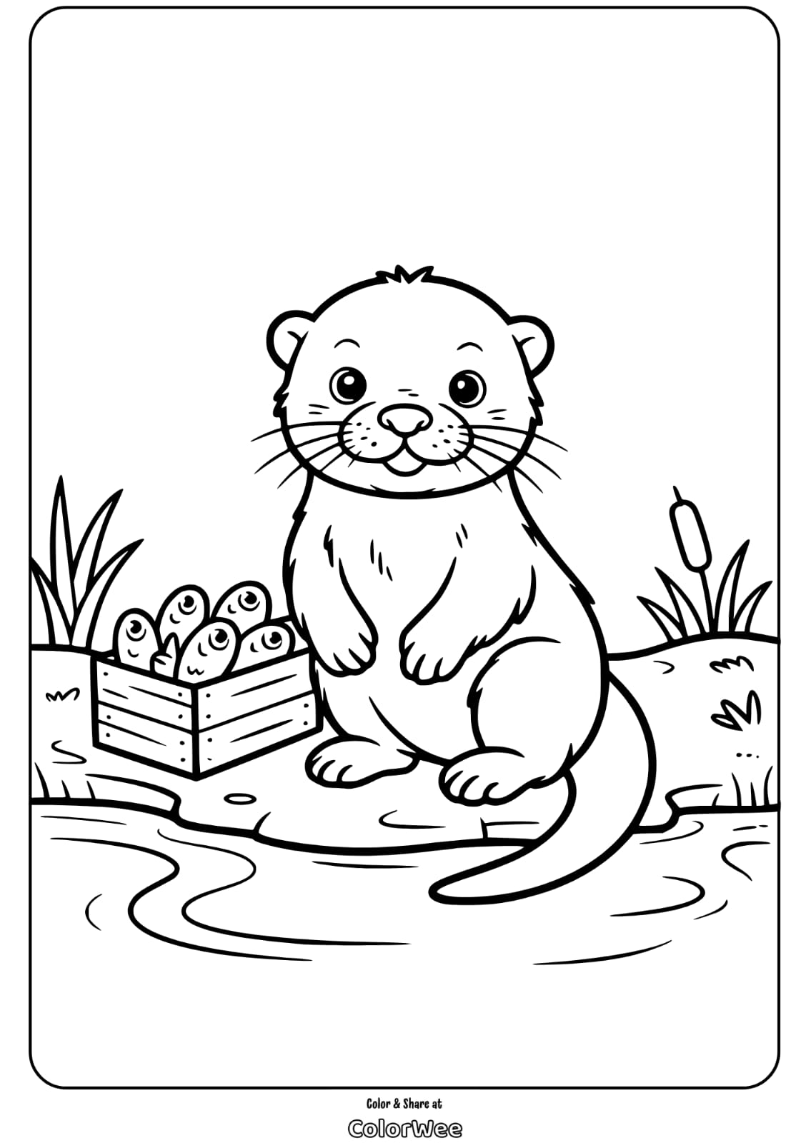 Cute otter by pond with a basket of fish, nature-themed coloring page.