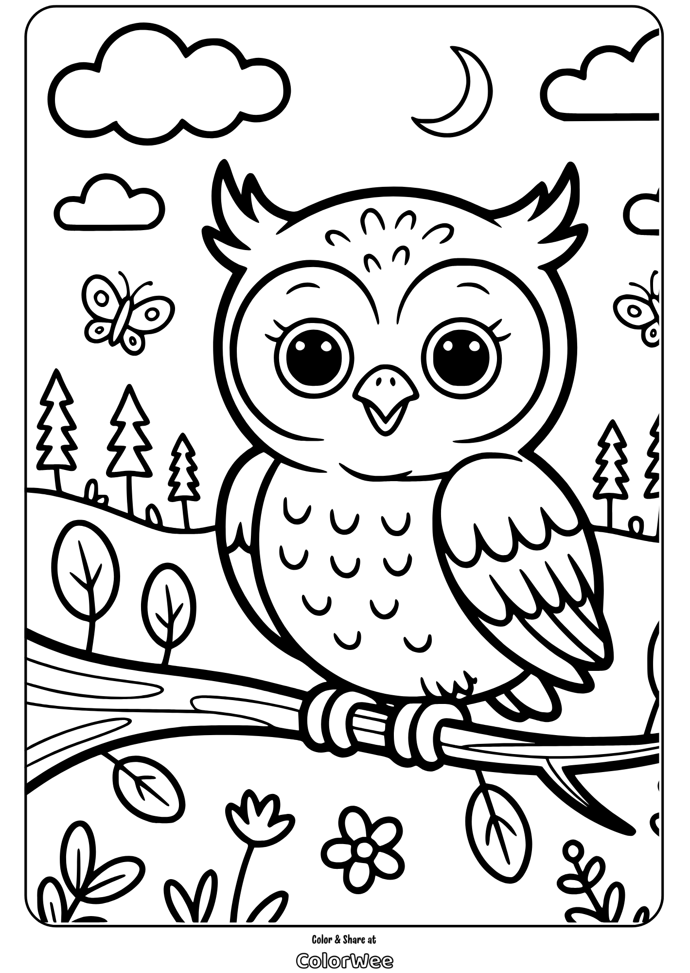 Cute cartoon owl on a branch coloring page for kids.