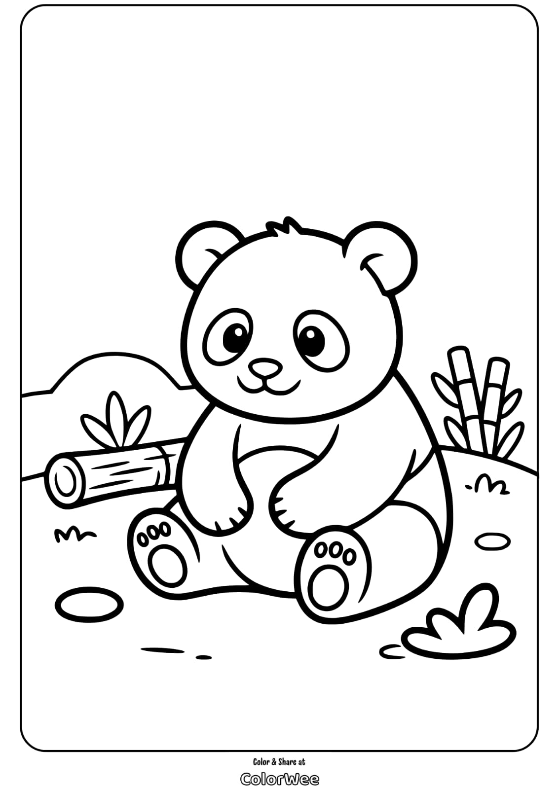 Cute panda coloring page with bamboo background for kids.
