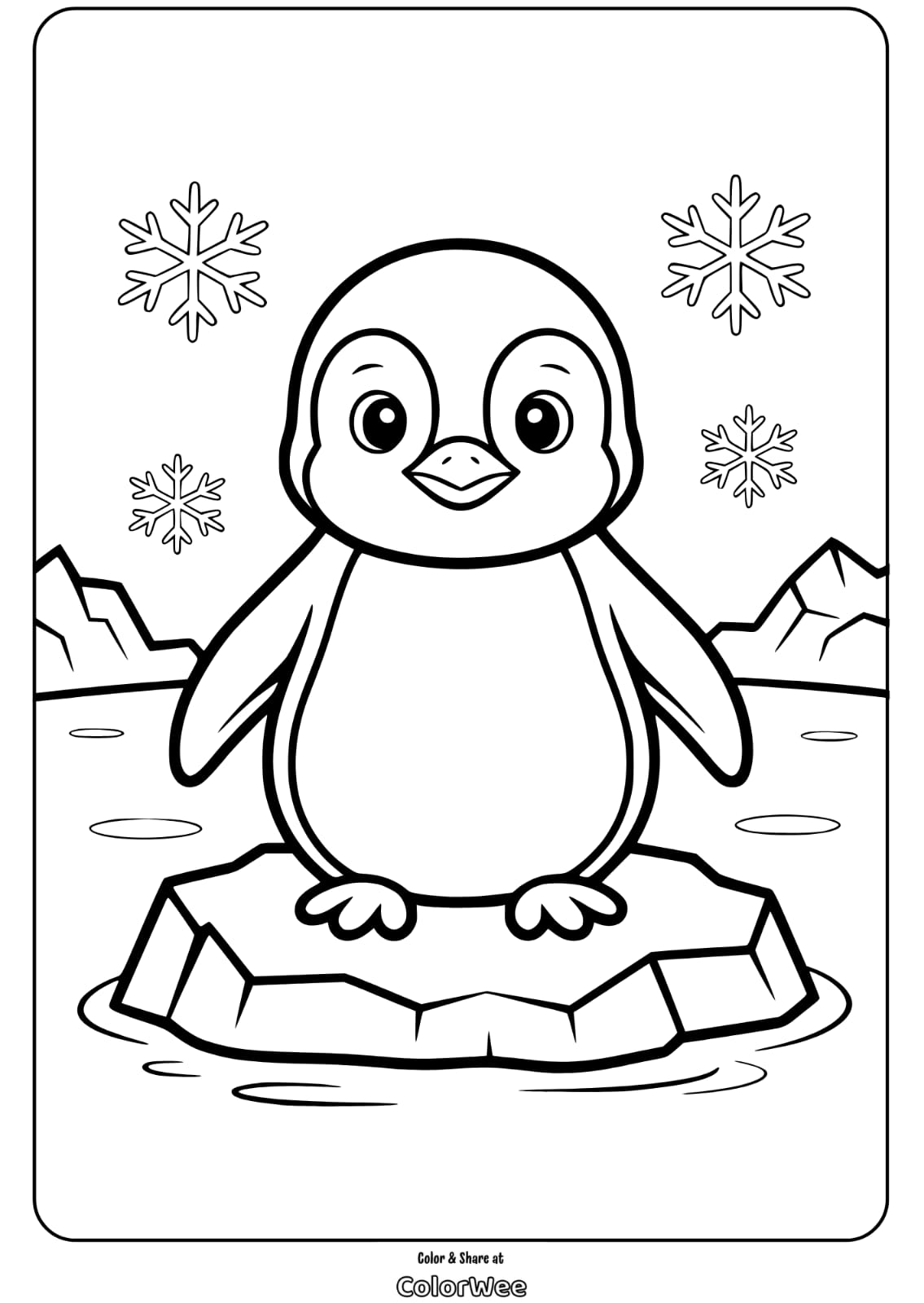 Cute penguin on ice coloring page with snowflakes and mountains.