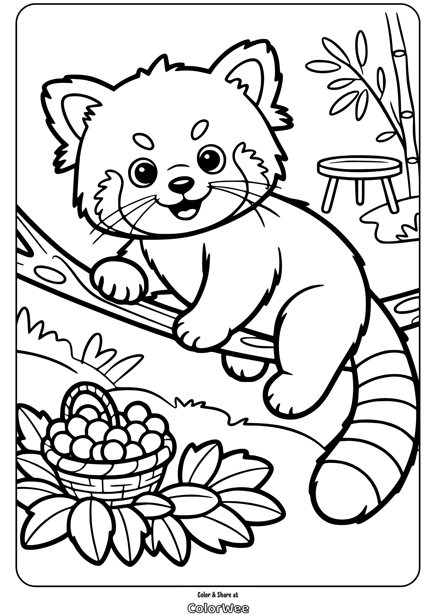Cute red panda coloring page in forest setting.