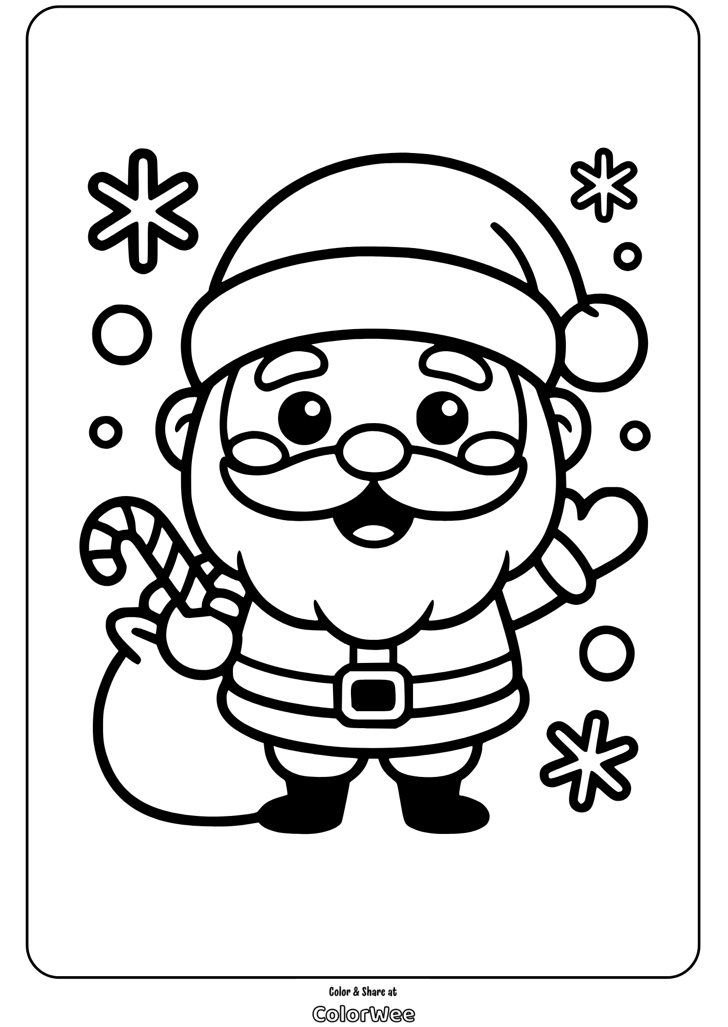 Santa coloring page with candy cane and snowflakes.