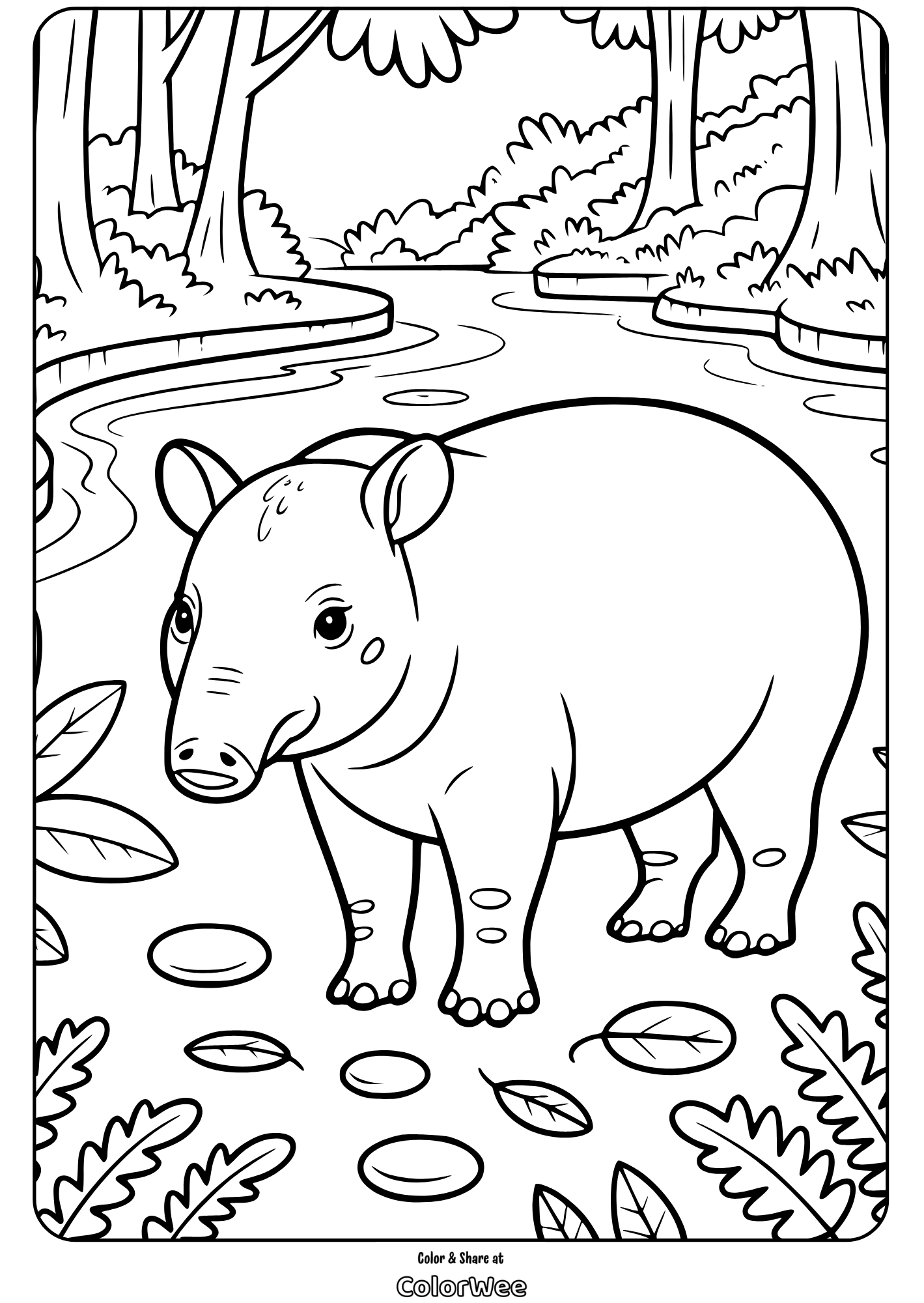 Cute tapir in a forest coloring page for kids.