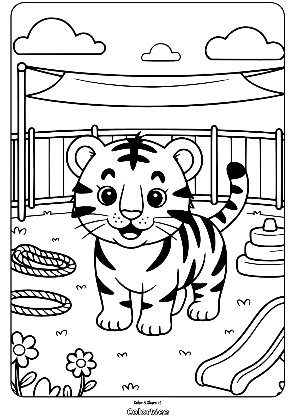 Cute tiger coloring page for kids with playground background.