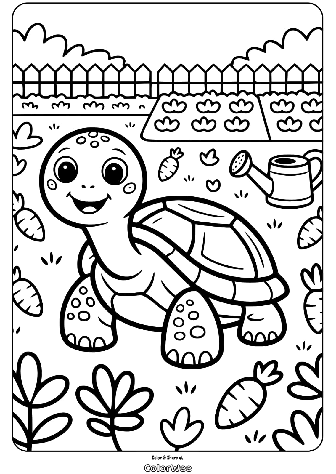 Cute turtle in a garden with carrots and watering can coloring page.
