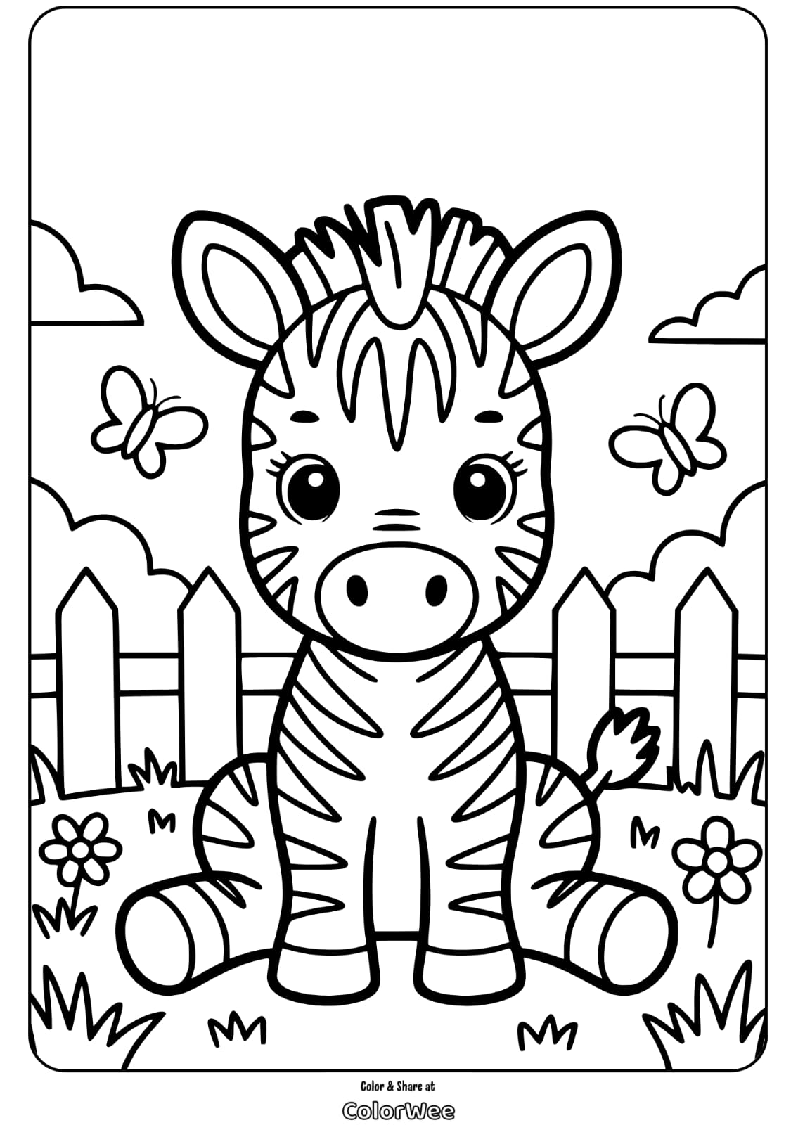 Cute zebra coloring page with butterflies and fence in the background.
