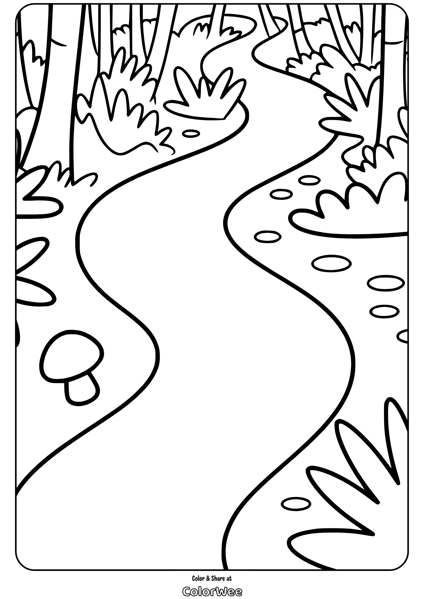 dense jungle scenery forest path coloring page Forest path coloring page with trees and plants.