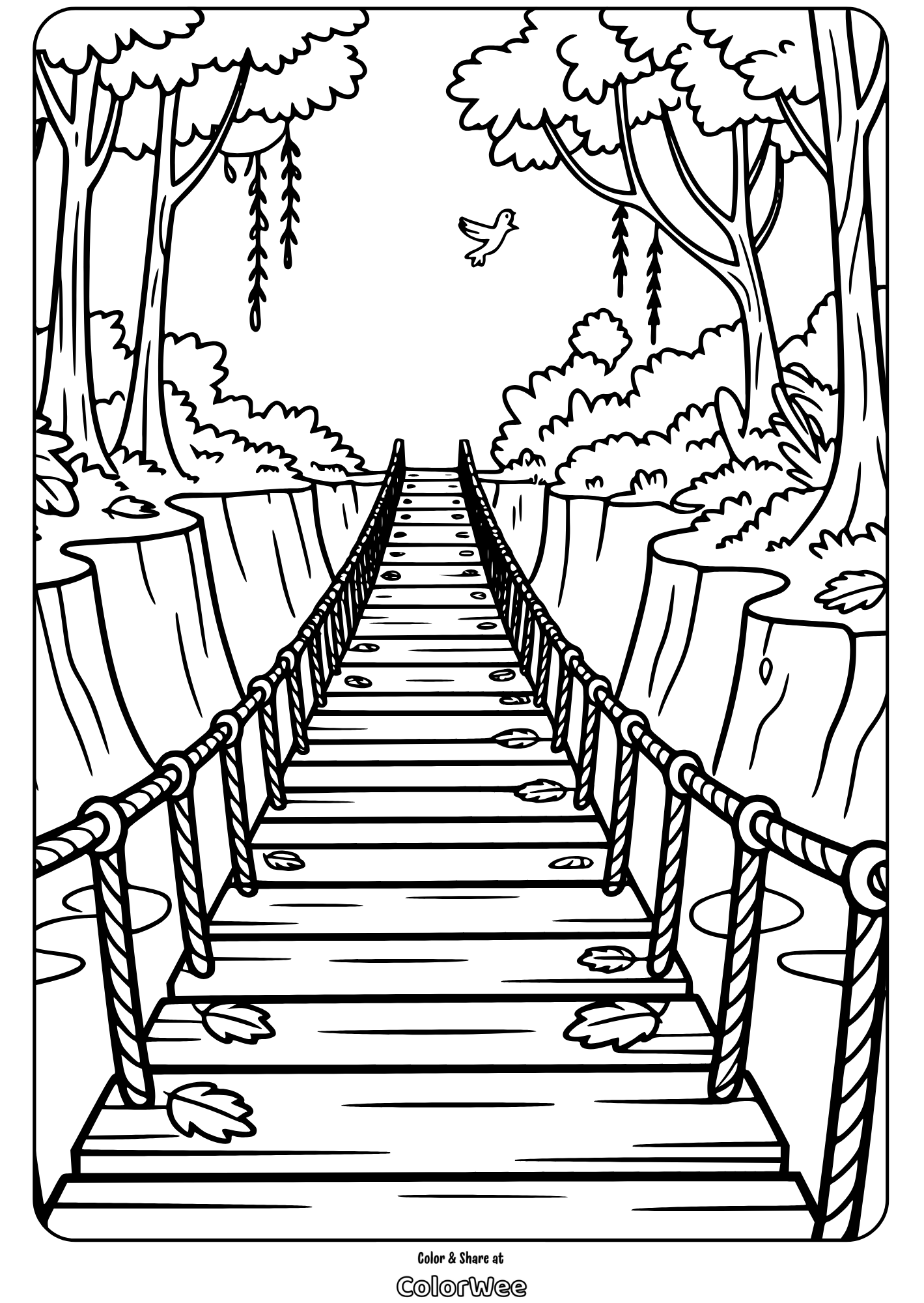 dense jungle scenery rope bridge coloring page Jungle rope bridge coloring page with trees and a bird