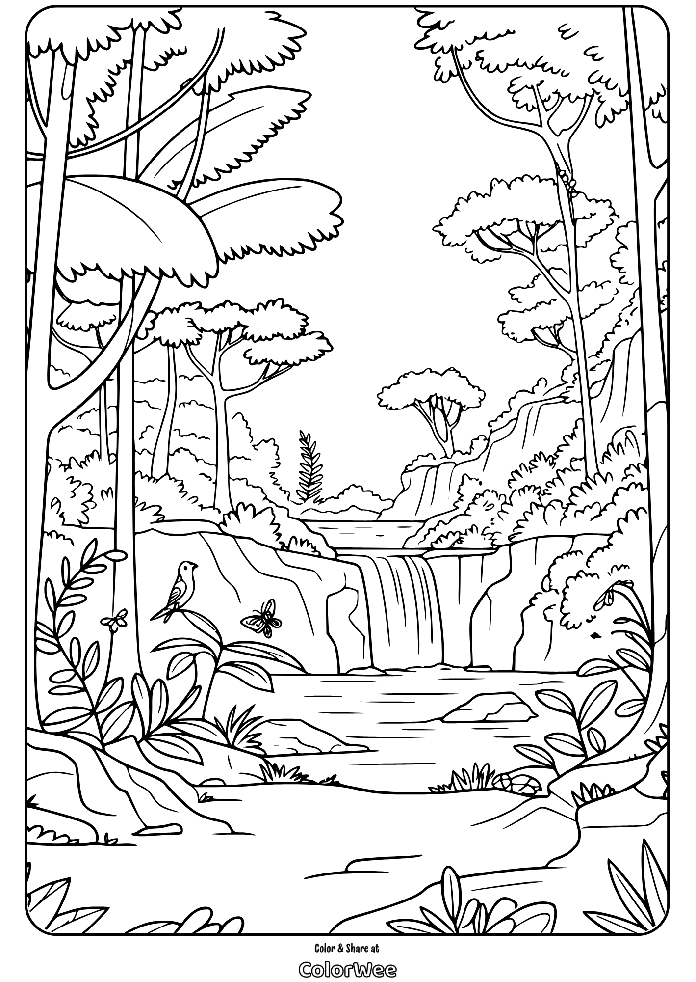 dense jungle scenery waterfall forest scene coloring page Coloring page: tranquil forest waterfall, trees, bird, and butterfly.