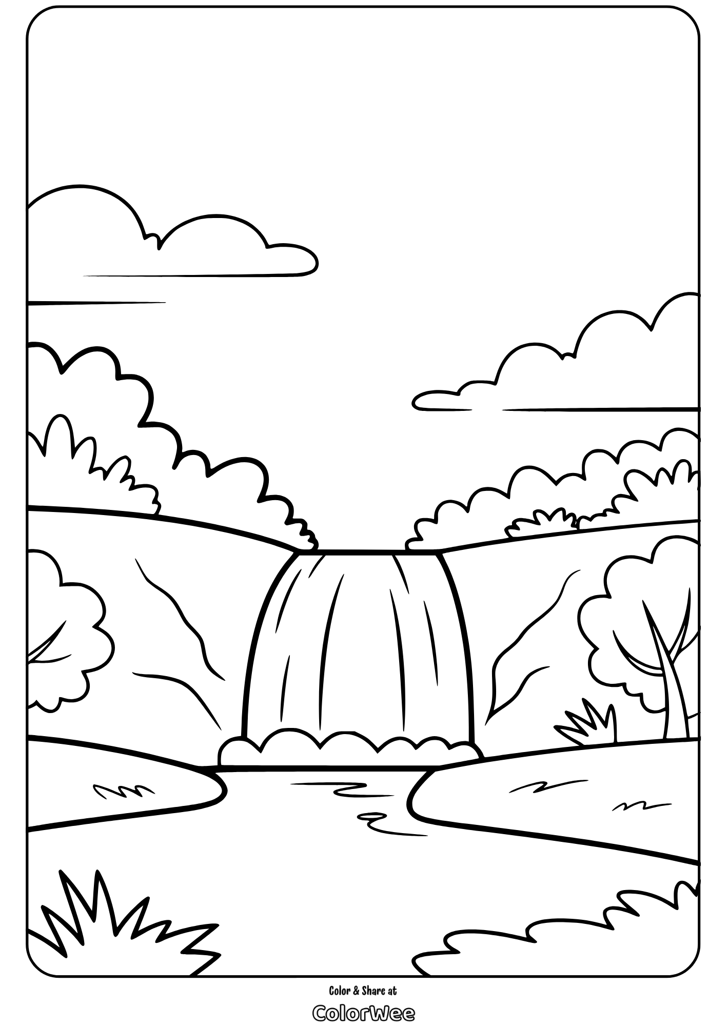 dense jungle scenery waterfall view coloring page Coloring page of a serene waterfall in a nature landscape.