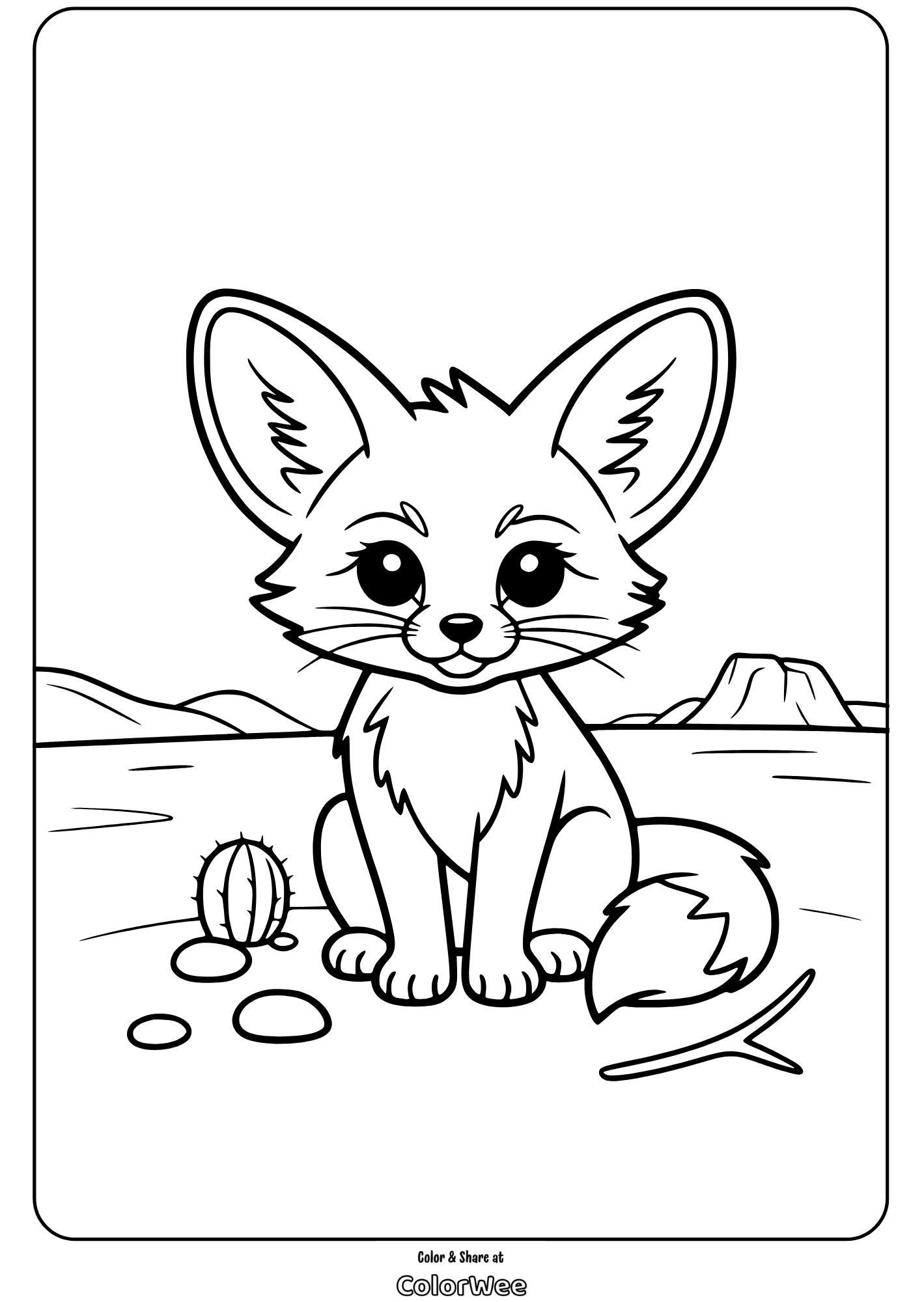 Desert fox coloring page with cactus and mountains in background.