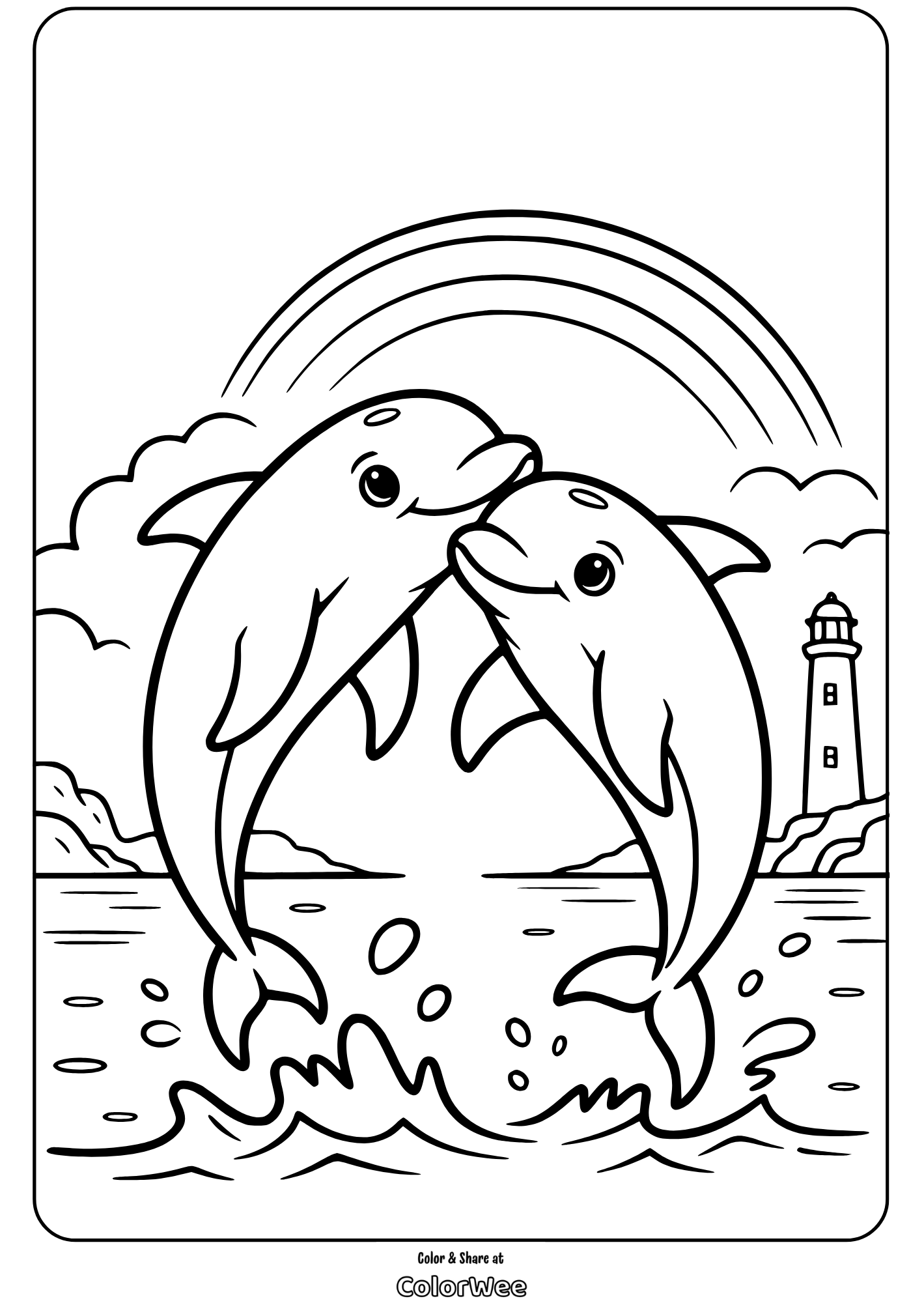 Dolphins jumping with rainbow and lighthouse - coloring page.