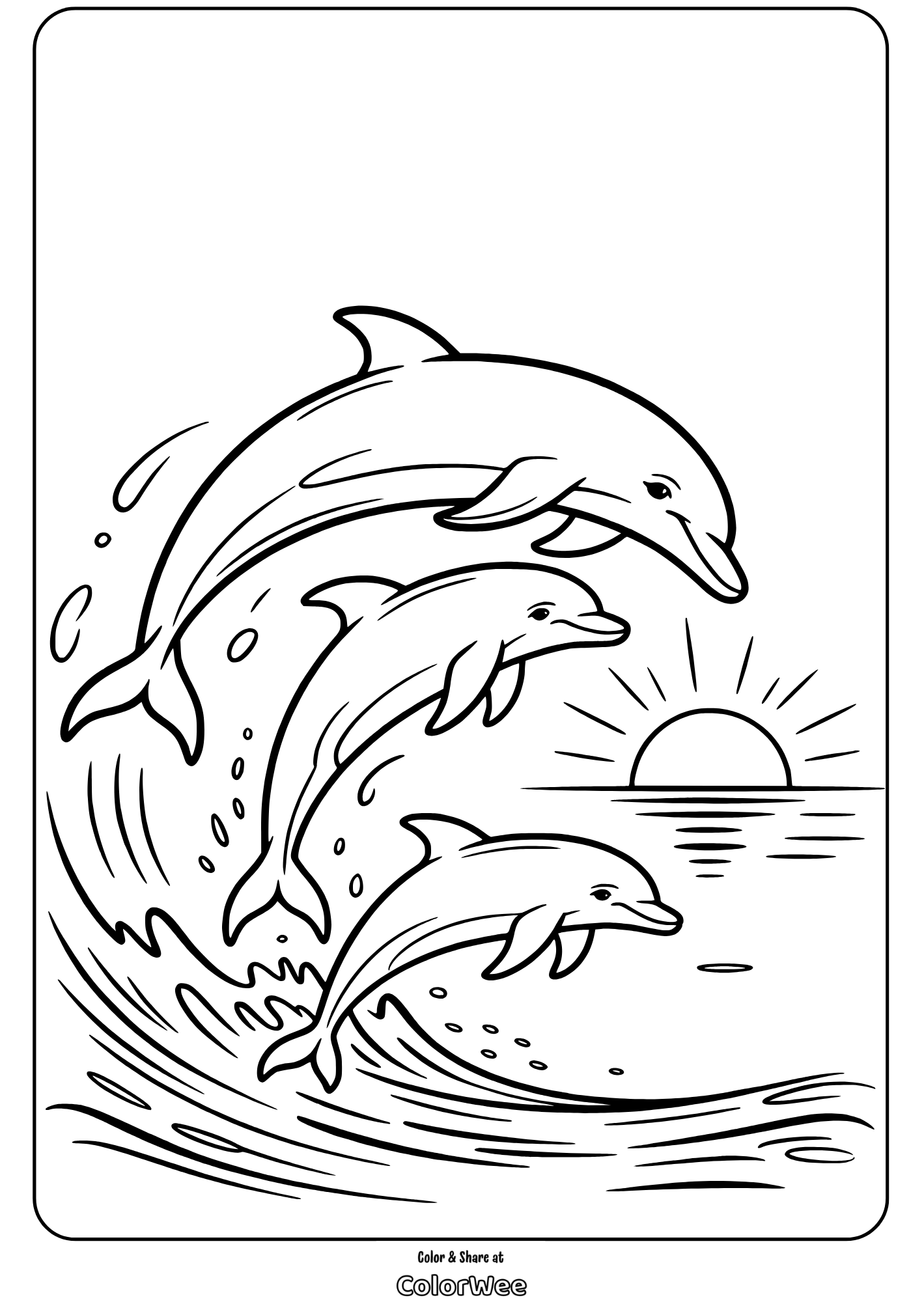 Dolphins jumping over waves with a sunset in the background coloring page.