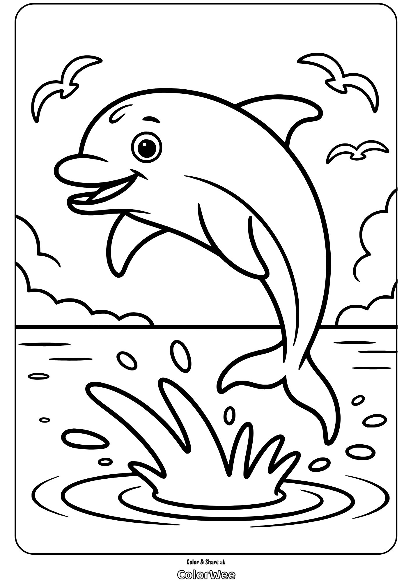 Dolphin leaping from water coloring page with birds
