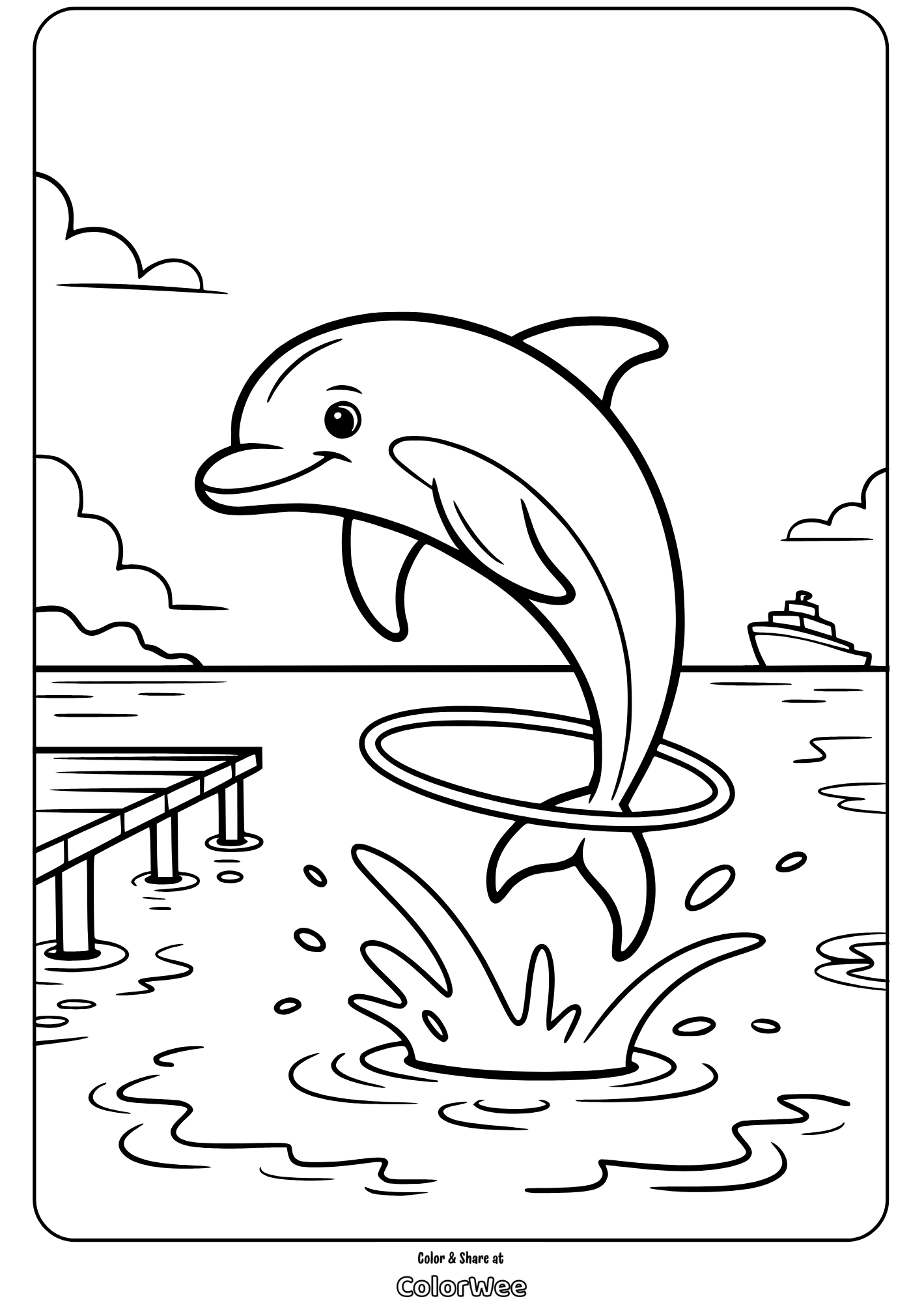 dolphin jumping out of water through hoop coloring page Dolphin jumping through hoop coloring page by the sea.