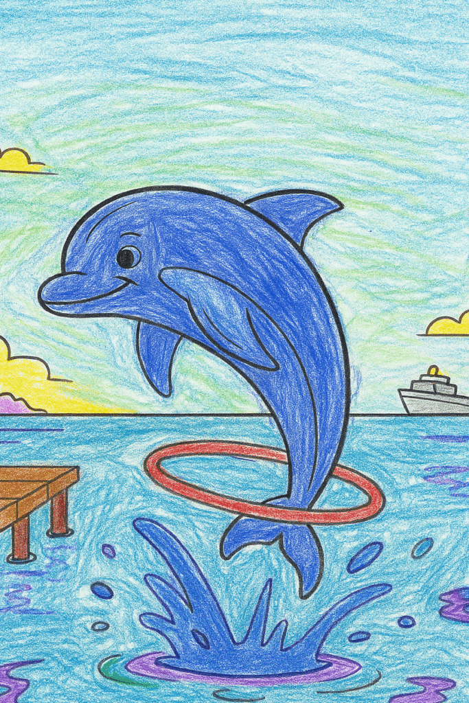 dolphin jumping through a hoop in colorful ocean scene Dolphin jumping through a hoop in colorful ocean scene.