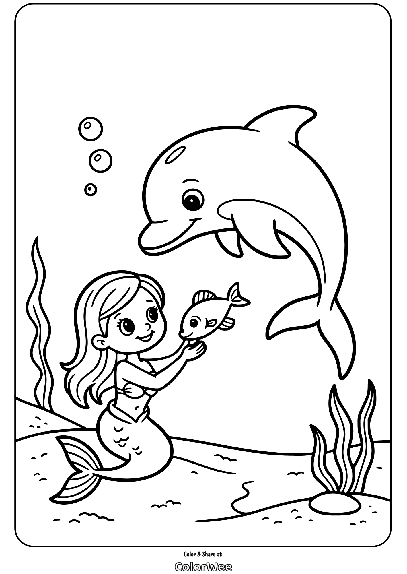 Mermaid playing with dolphin and fish underwater coloring page.