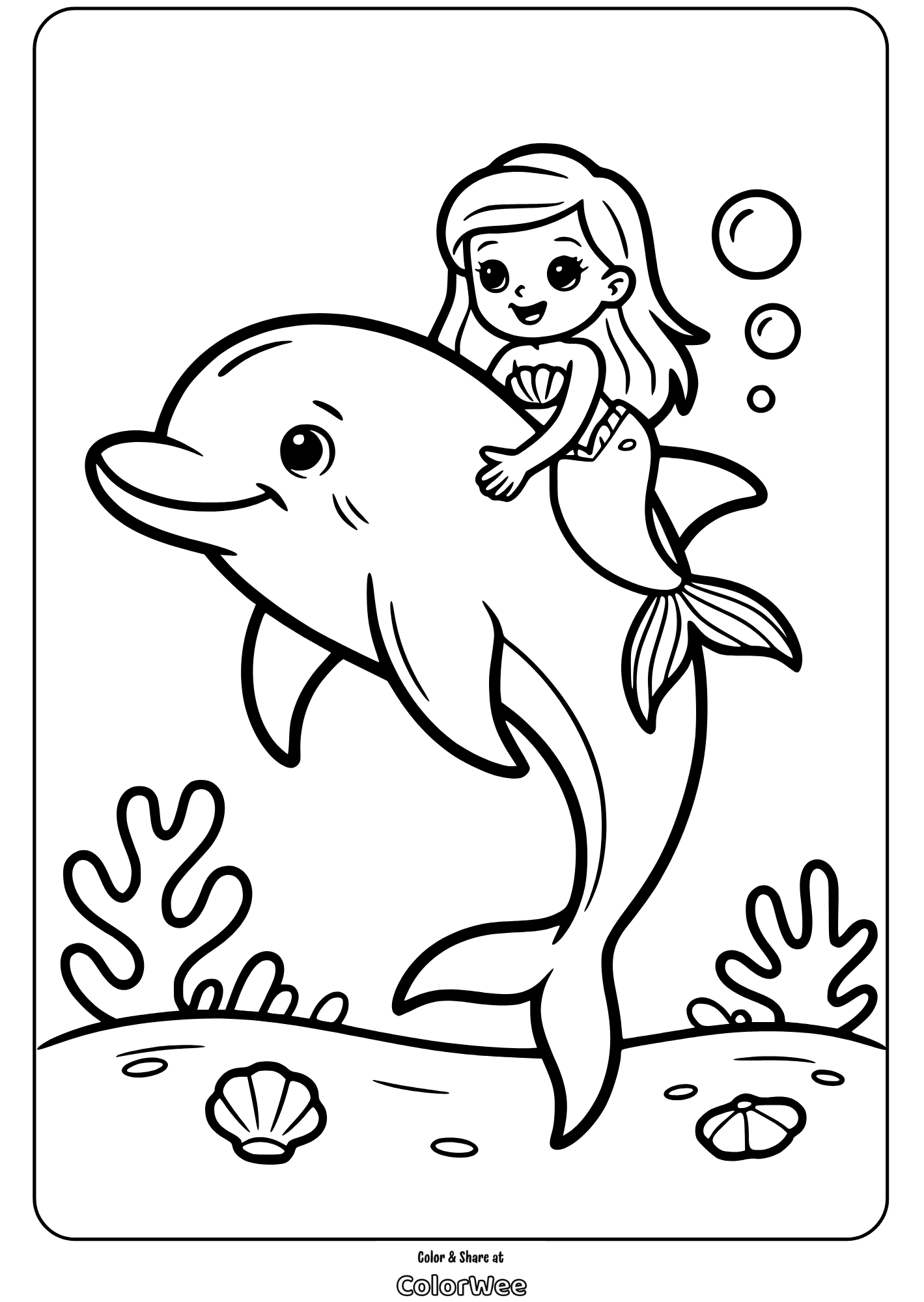 Mermaid riding a dolphin coloring page for kids.