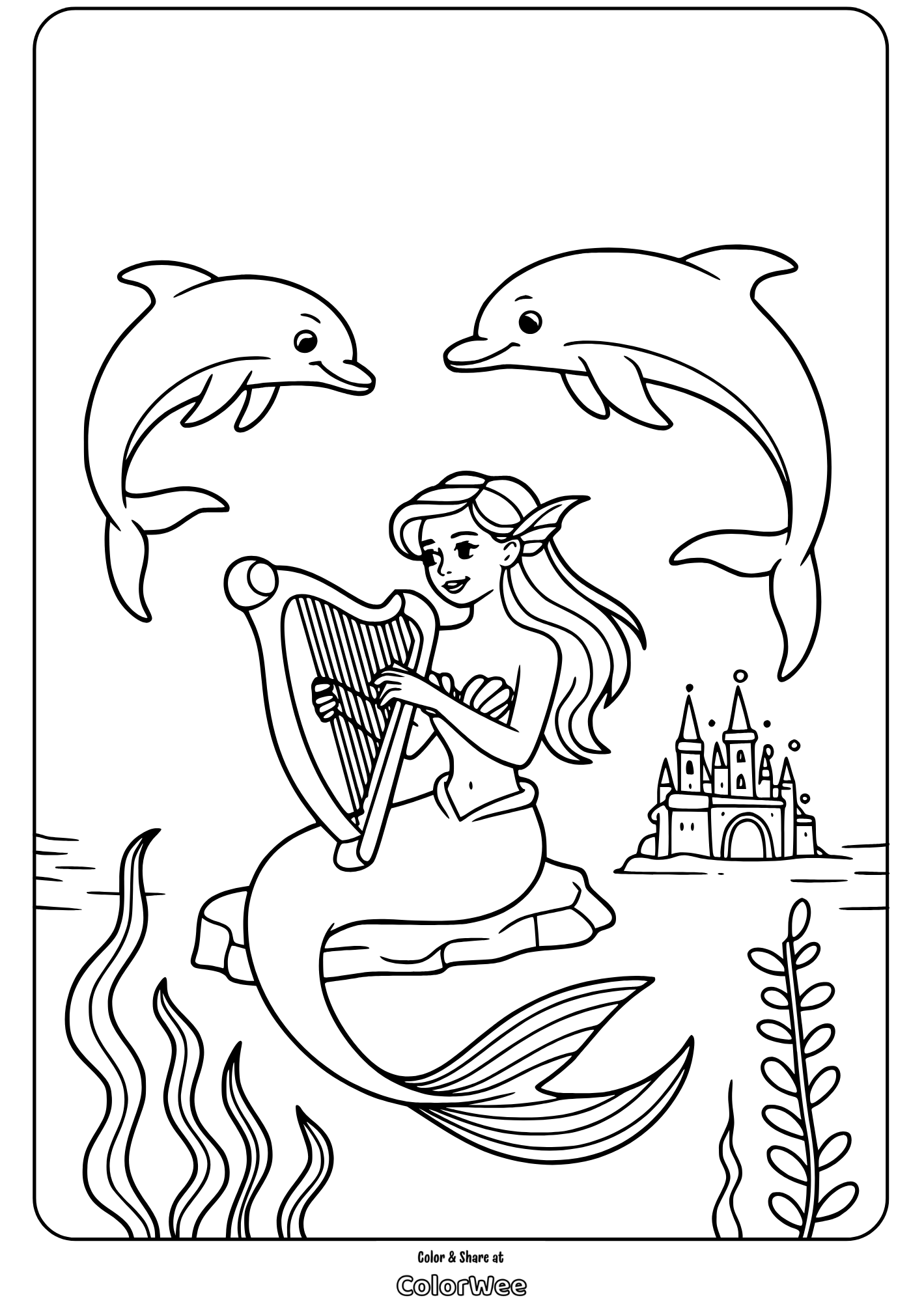 Mermaid playing harp with dolphins and castle background, coloring page.