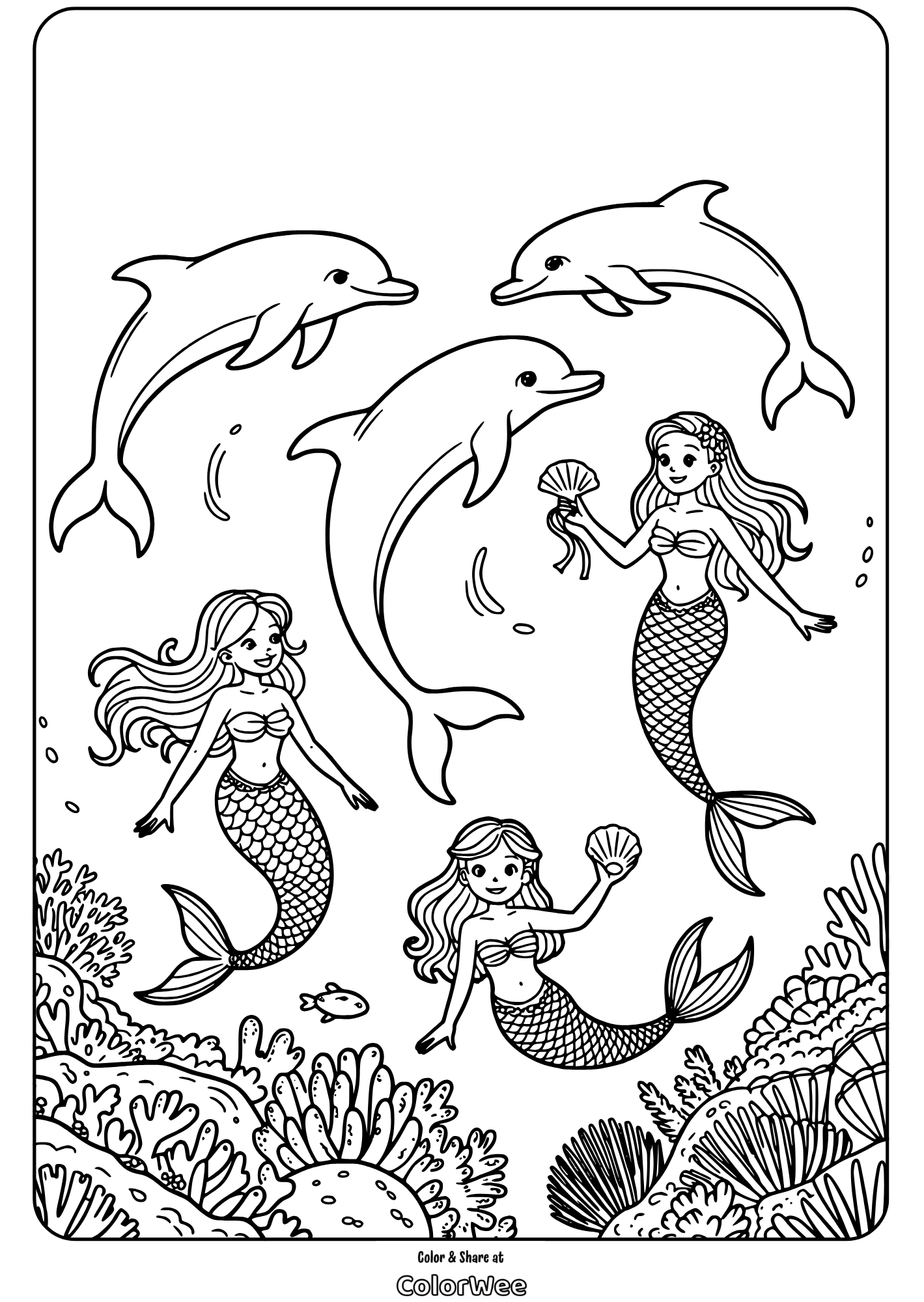 Mermaids and dolphins underwater coloring page for kids.
