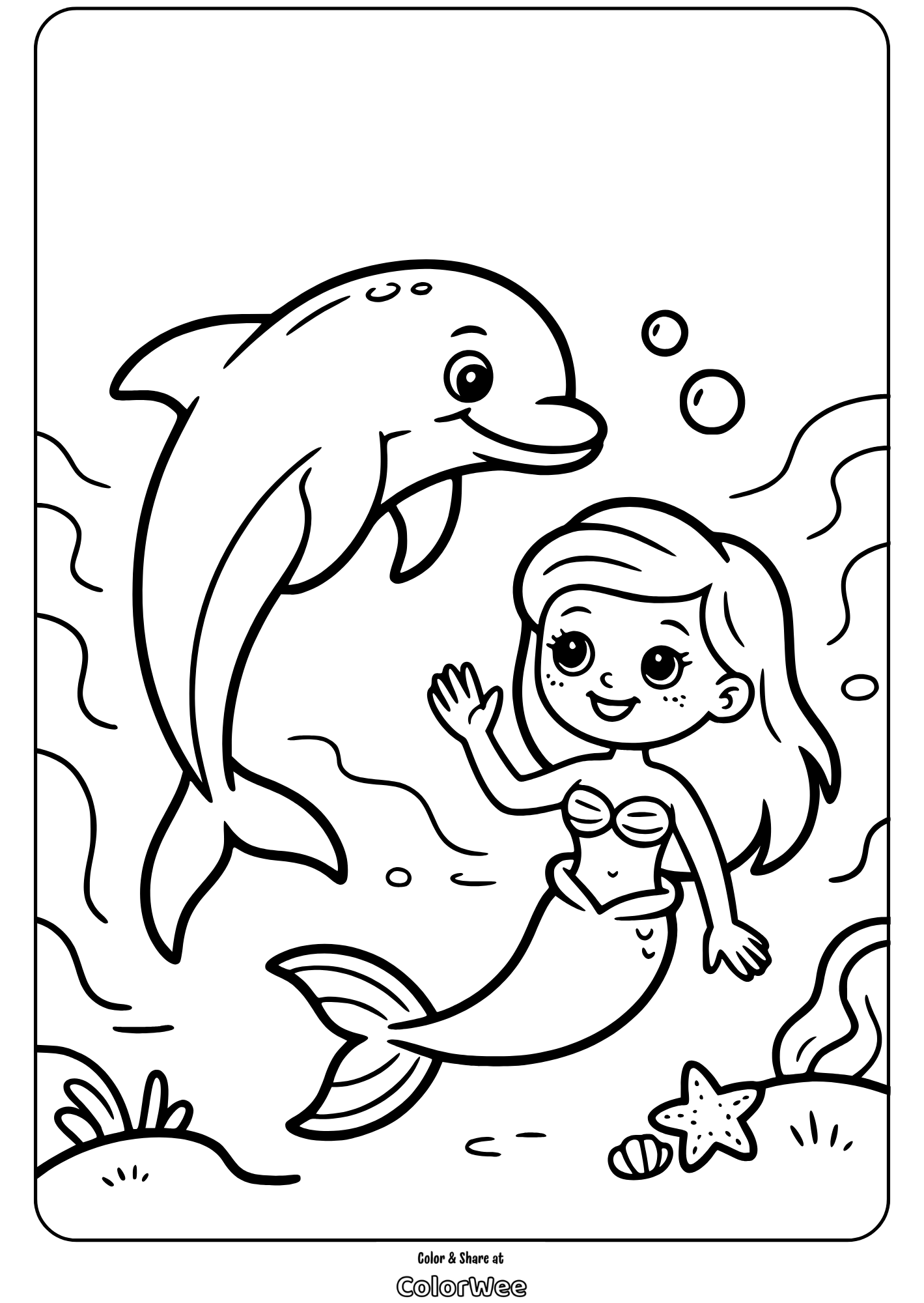 Mermaid and dolphin coloring page for kids.
