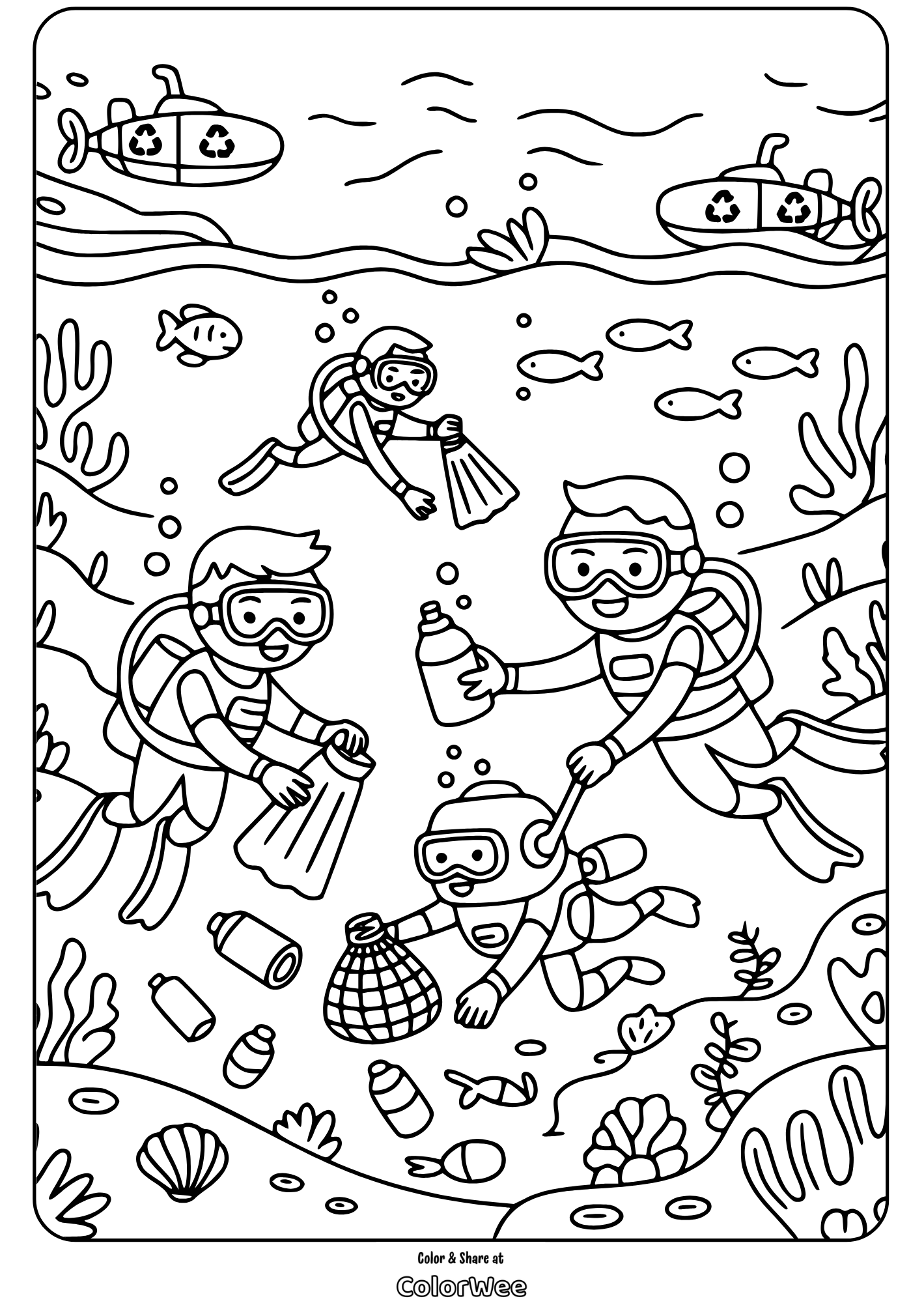 earth day 2025 divers cleaning ocean coloring page Divers collecting trash in ocean for a clean environment coloring page.