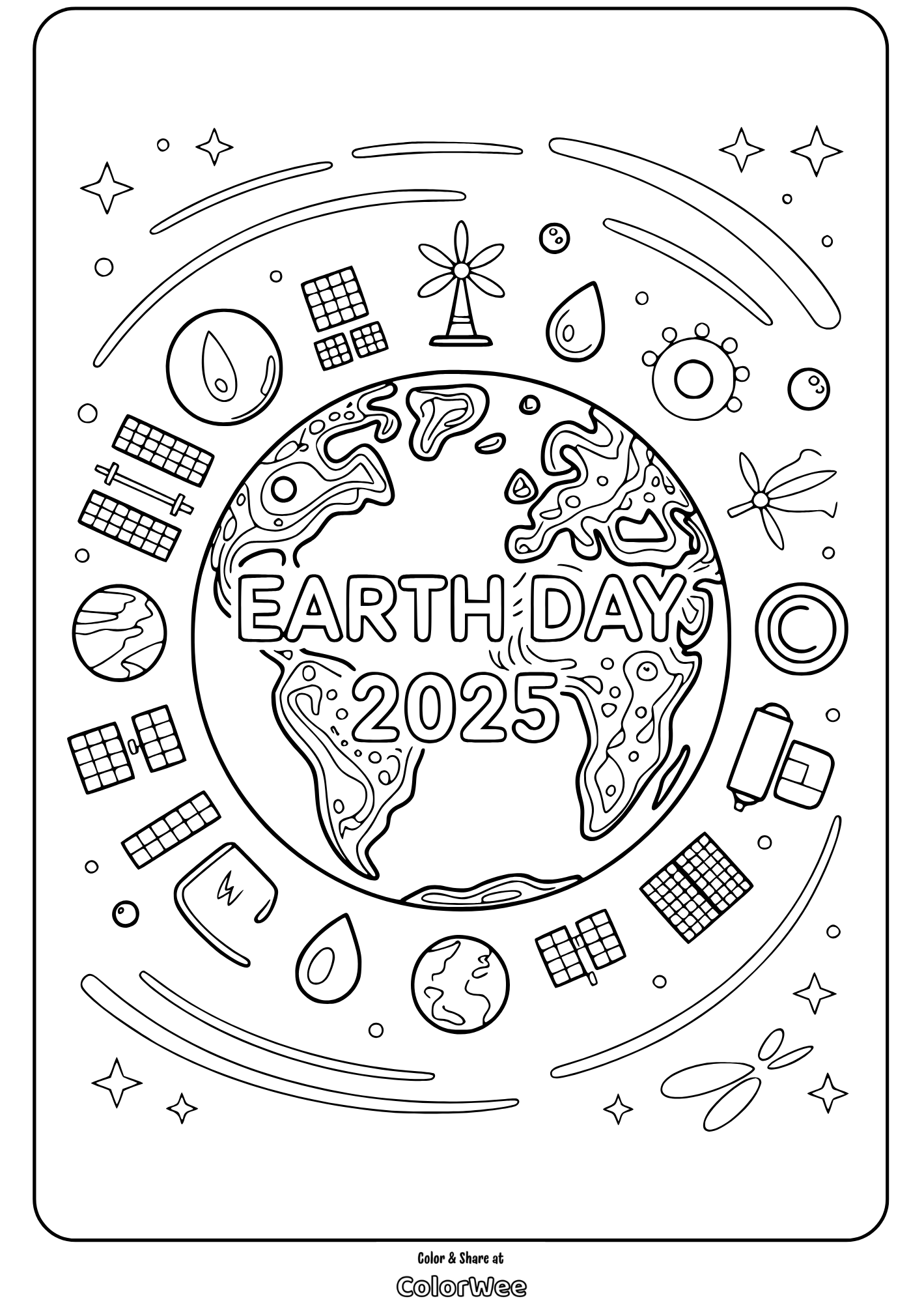 earth day 2025 globe with renewable energy symbols coloring page Earth Day 2025 coloring page with planet and nature symbols.