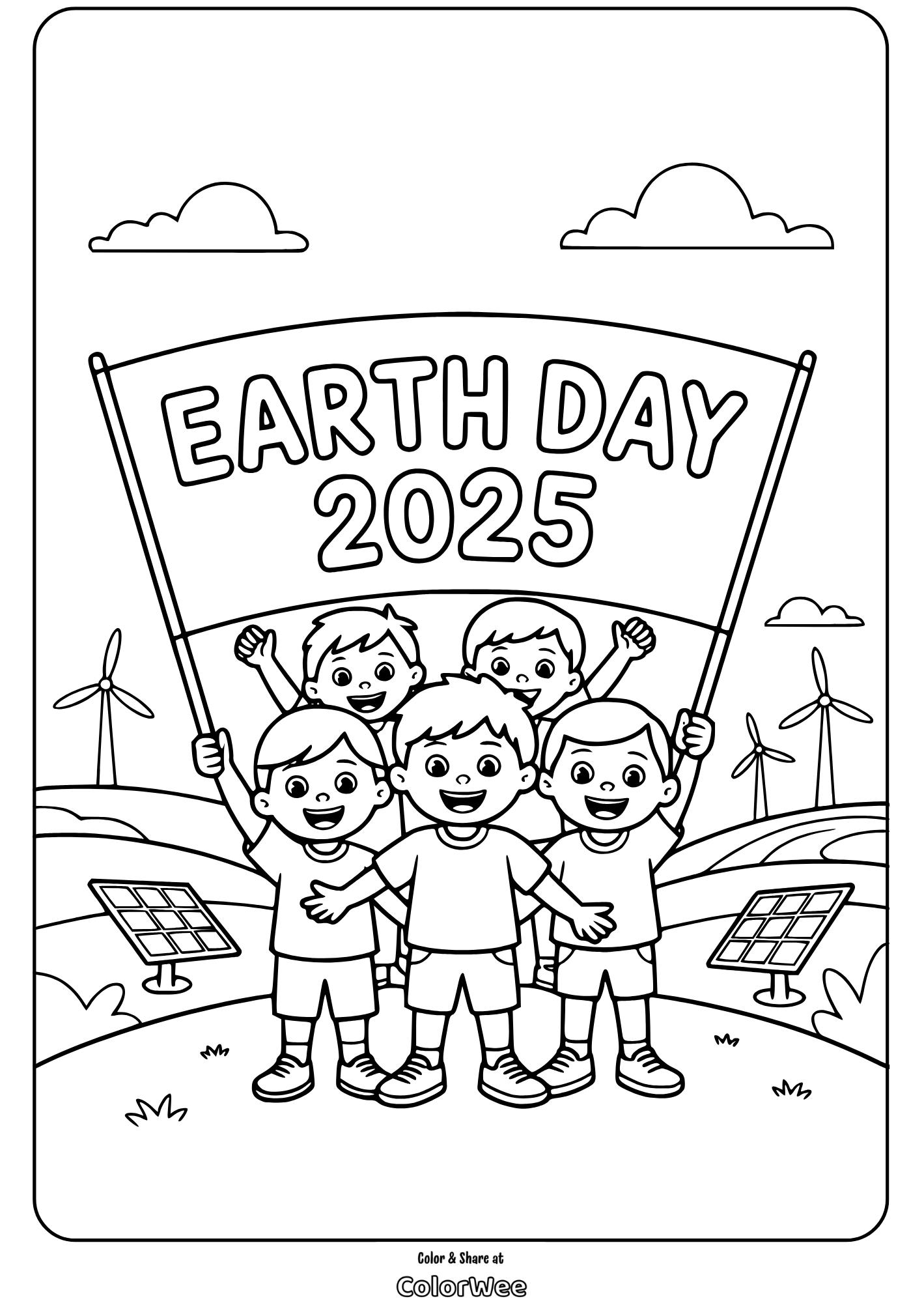 earth day 2025 kids holding banner with solar panels and wind turbines coloring page Earth Day 2025 kids coloring page with wind and solar energy themes.