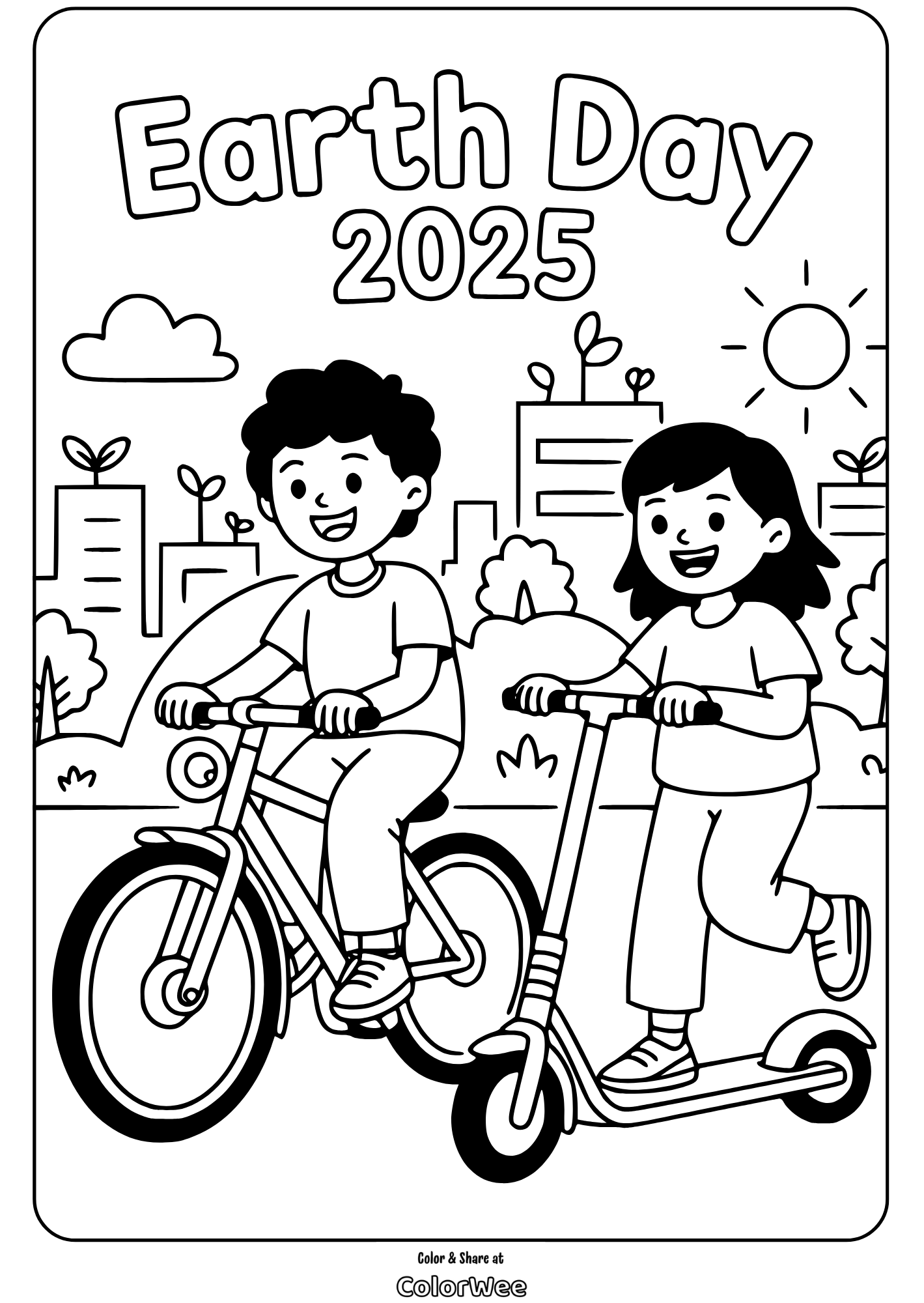 earth day 2025 kids riding bike and scooter coloring page Earth Day 2025 coloring page with kids biking and scootering.