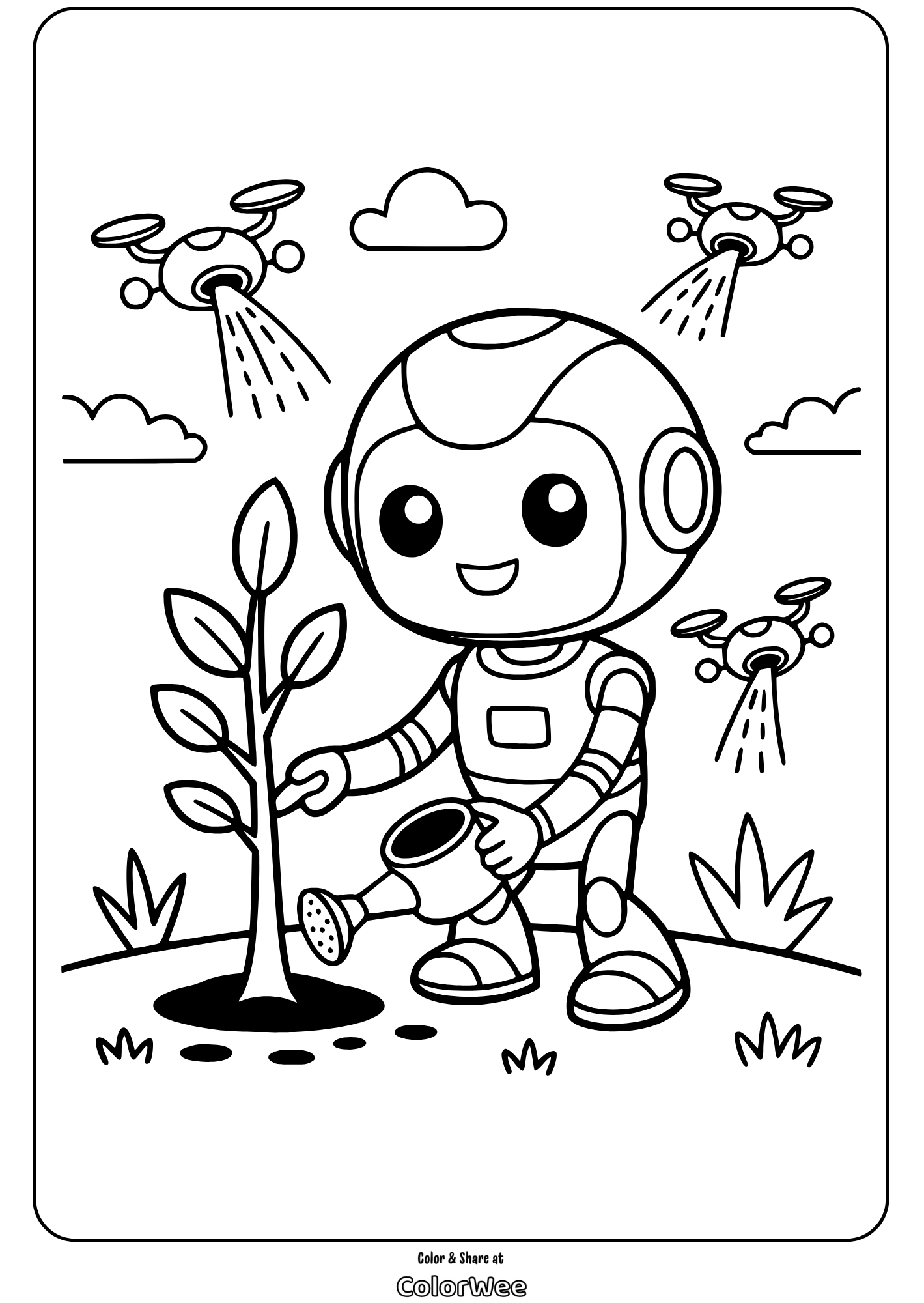 earth day 2025 robot planting tree with drones coloring page Cute robot watering plant with drone helpers, coloring page.