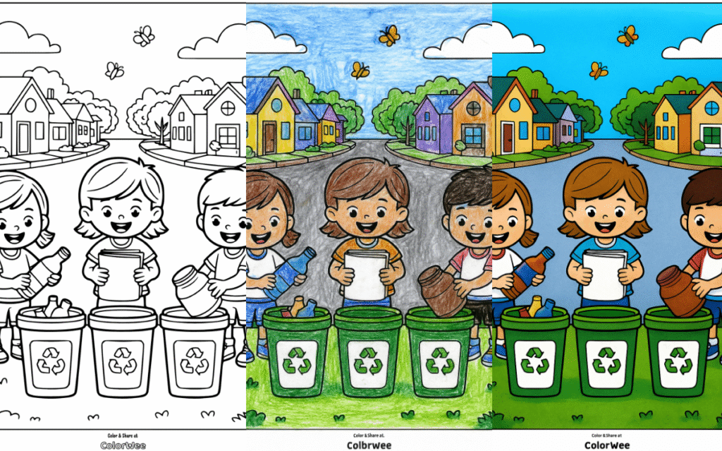 Kids recycling illustration with bins in a neighborhood scene.