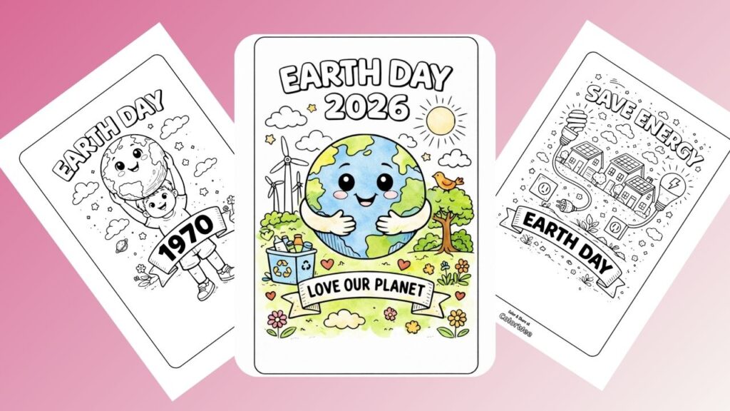 Earth Day coloring pages with 2026 theme and eco-friendly messages.
