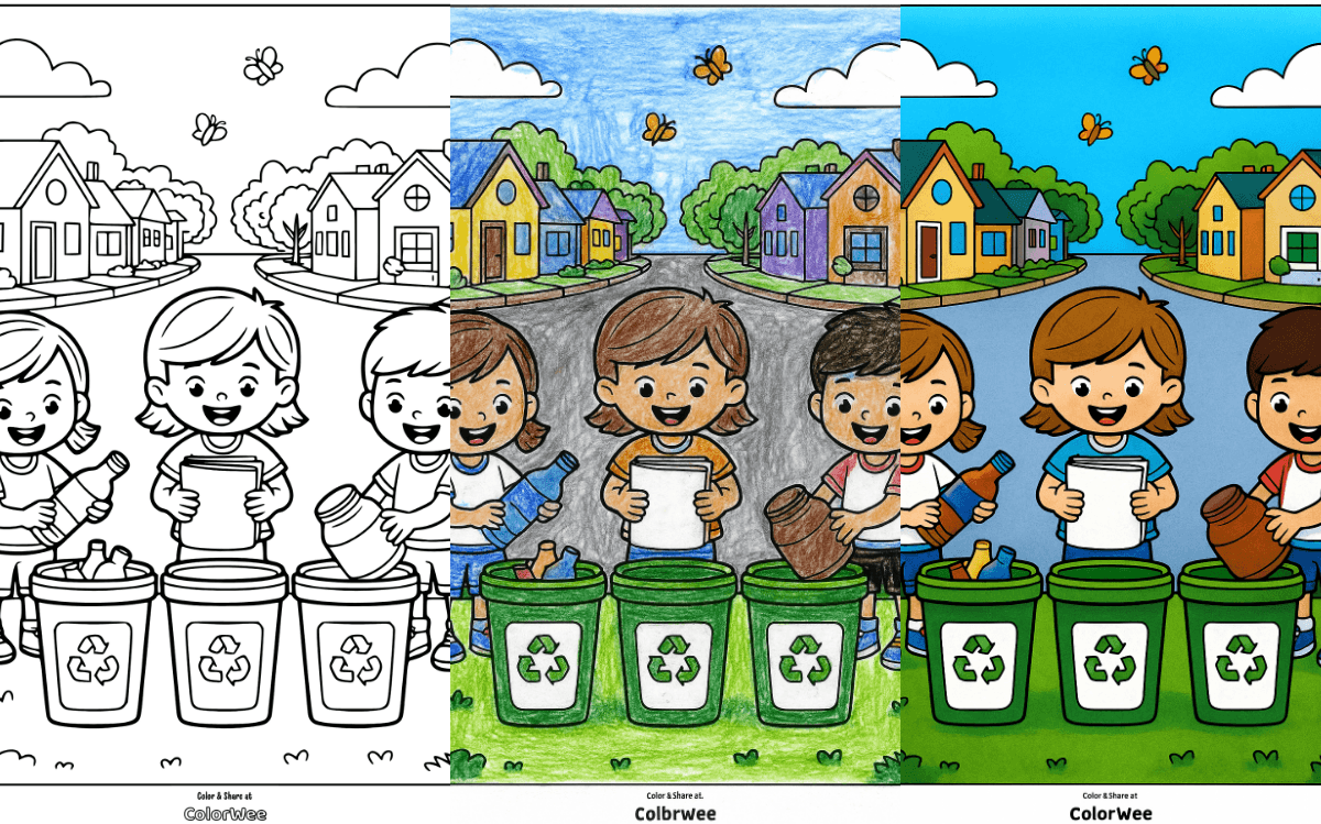 earth day coloring pages Kids recycling illustration with bins in a neighborhood scene.