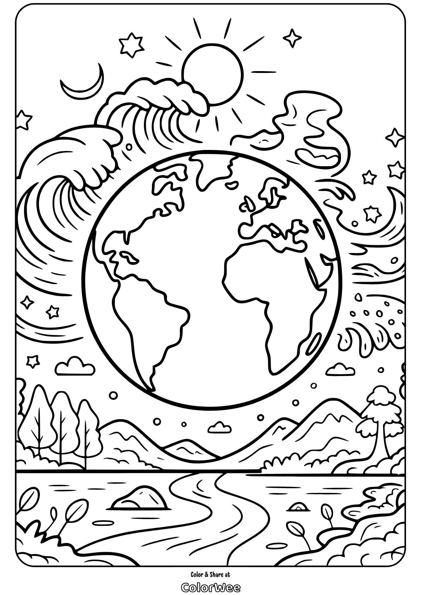 easy earth day beautiful earth with nature scenes coloring page Earth-themed coloring page with nature elements.