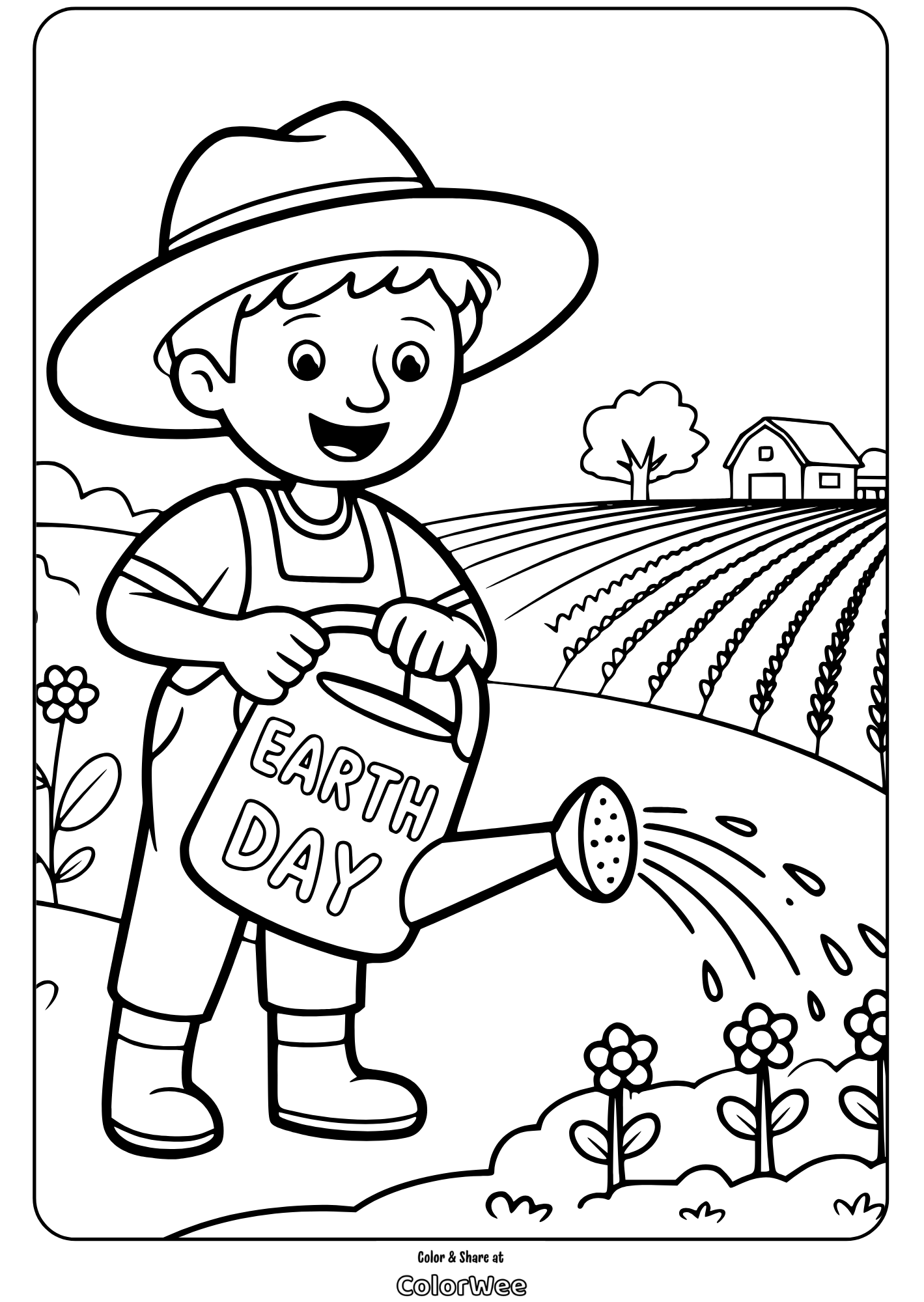 easy earth day farmer watering plants coloring page Child watering garden for Earth Day coloring page.