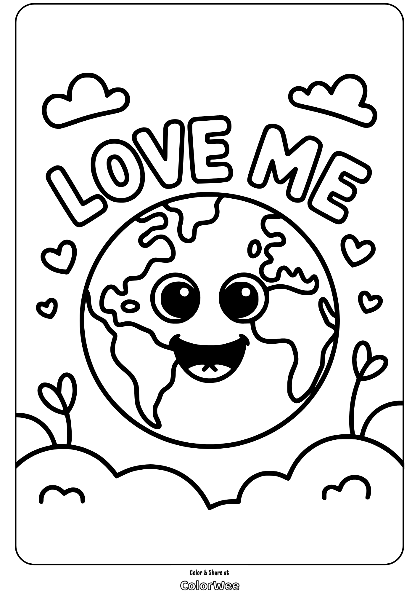 easy earth day love me smiling earth coloring page Smiling Earth with Love Me text and hearts coloring page.