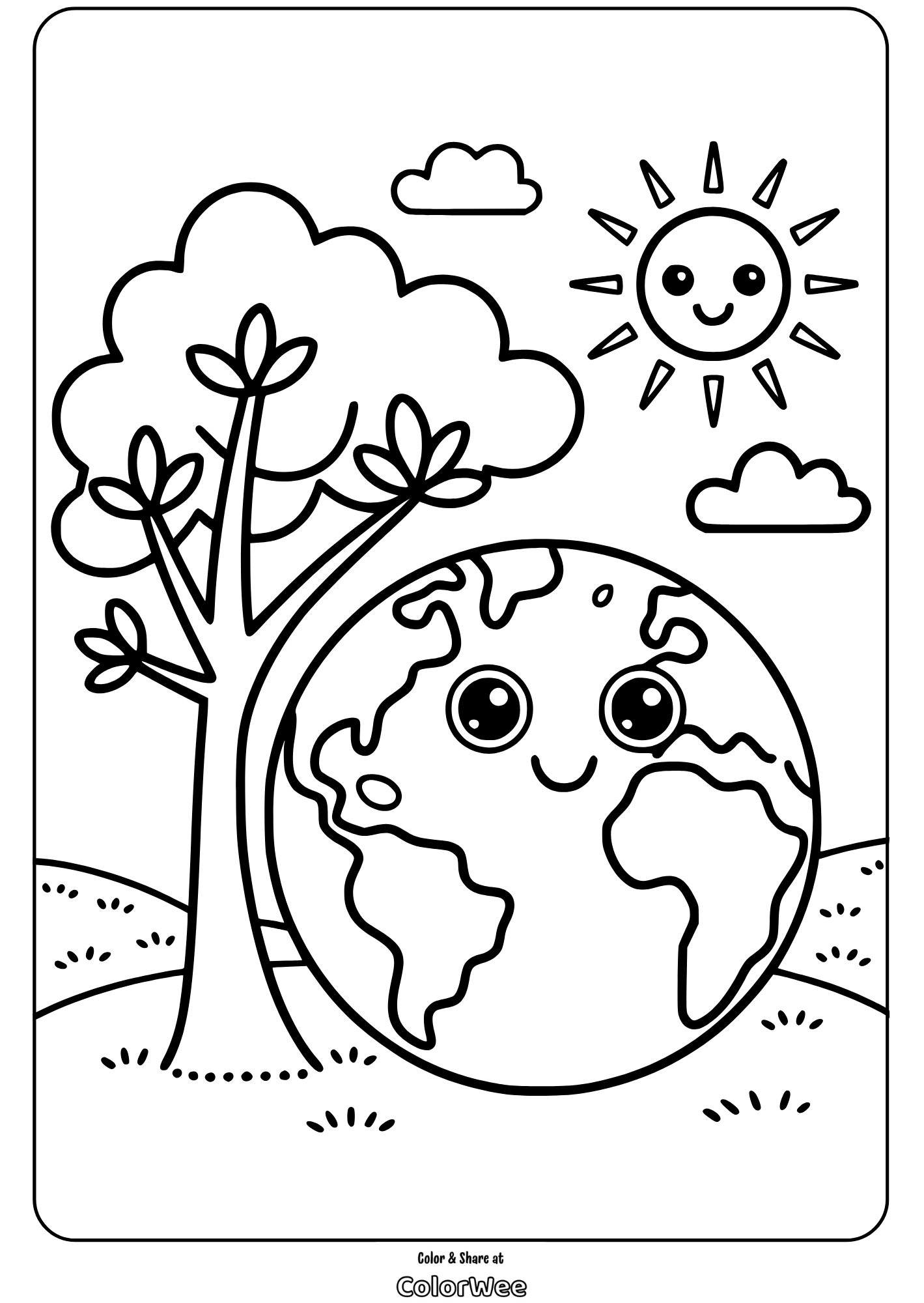 easy earth day smiling earth with tree and sun coloring page Smiling Earth with tree and sun coloring page for kids.