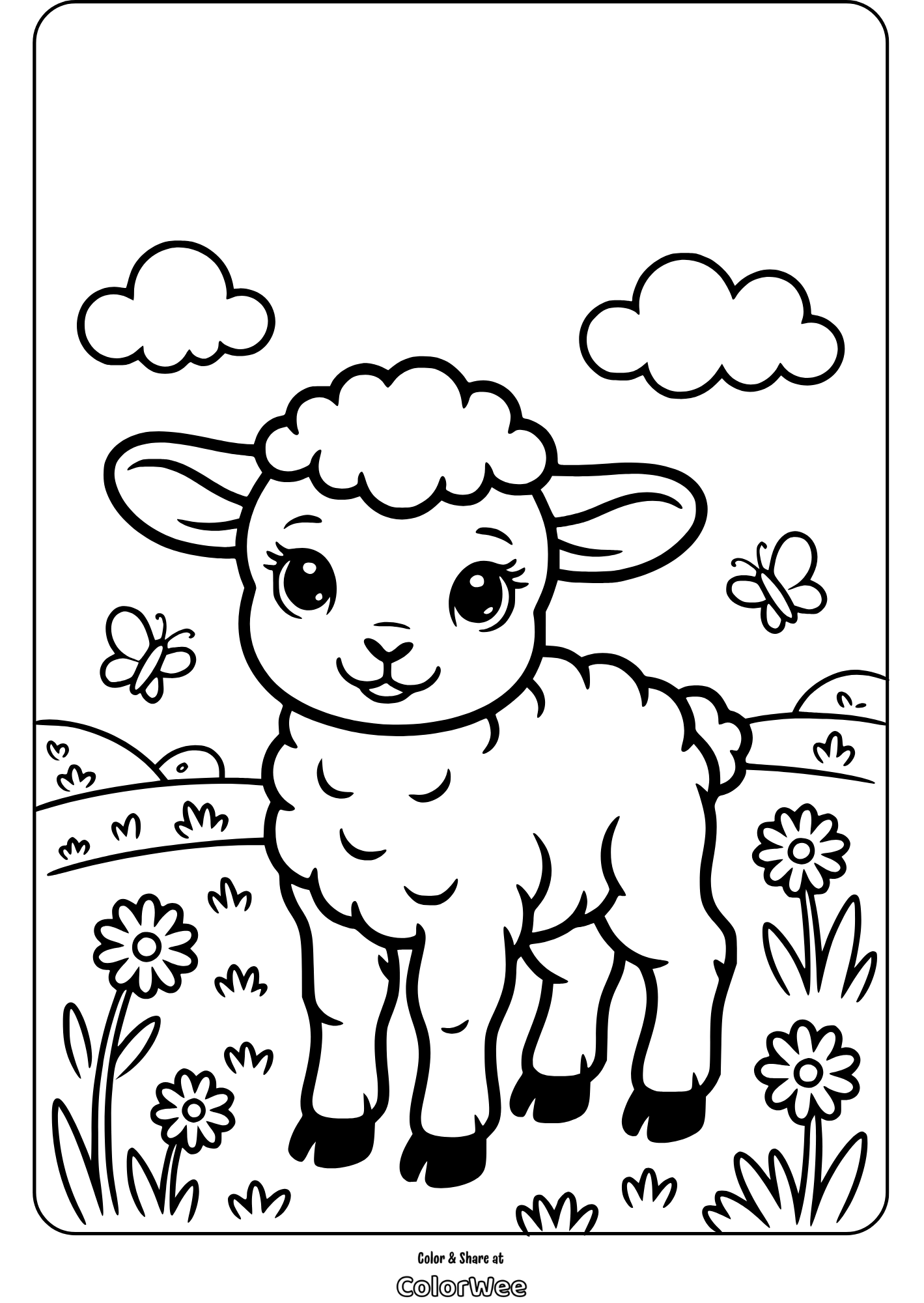 Cute lamb in a meadow coloring page with flowers and butterflies.