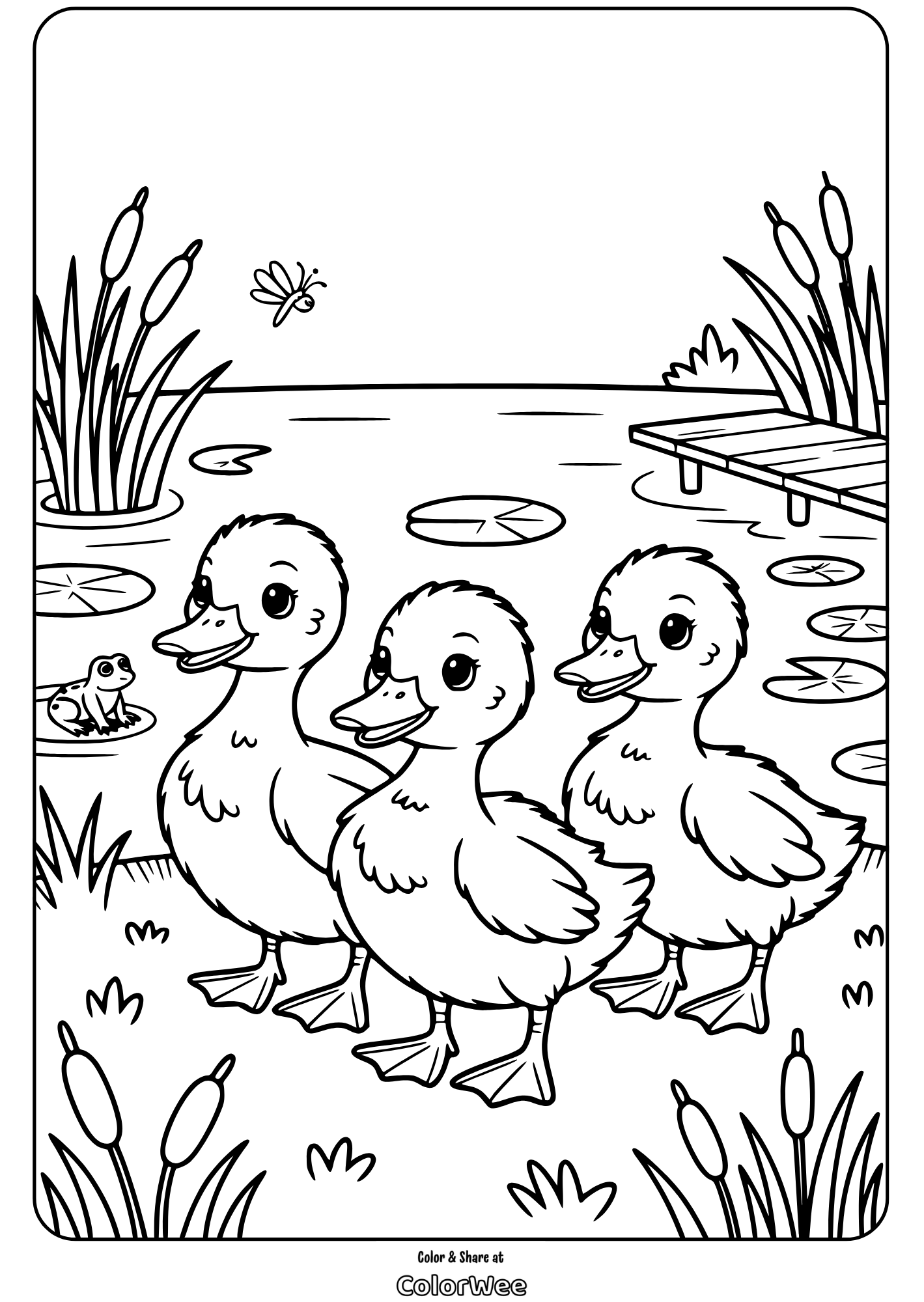 Three ducklings by a pond with a frog and lily pads coloring page.