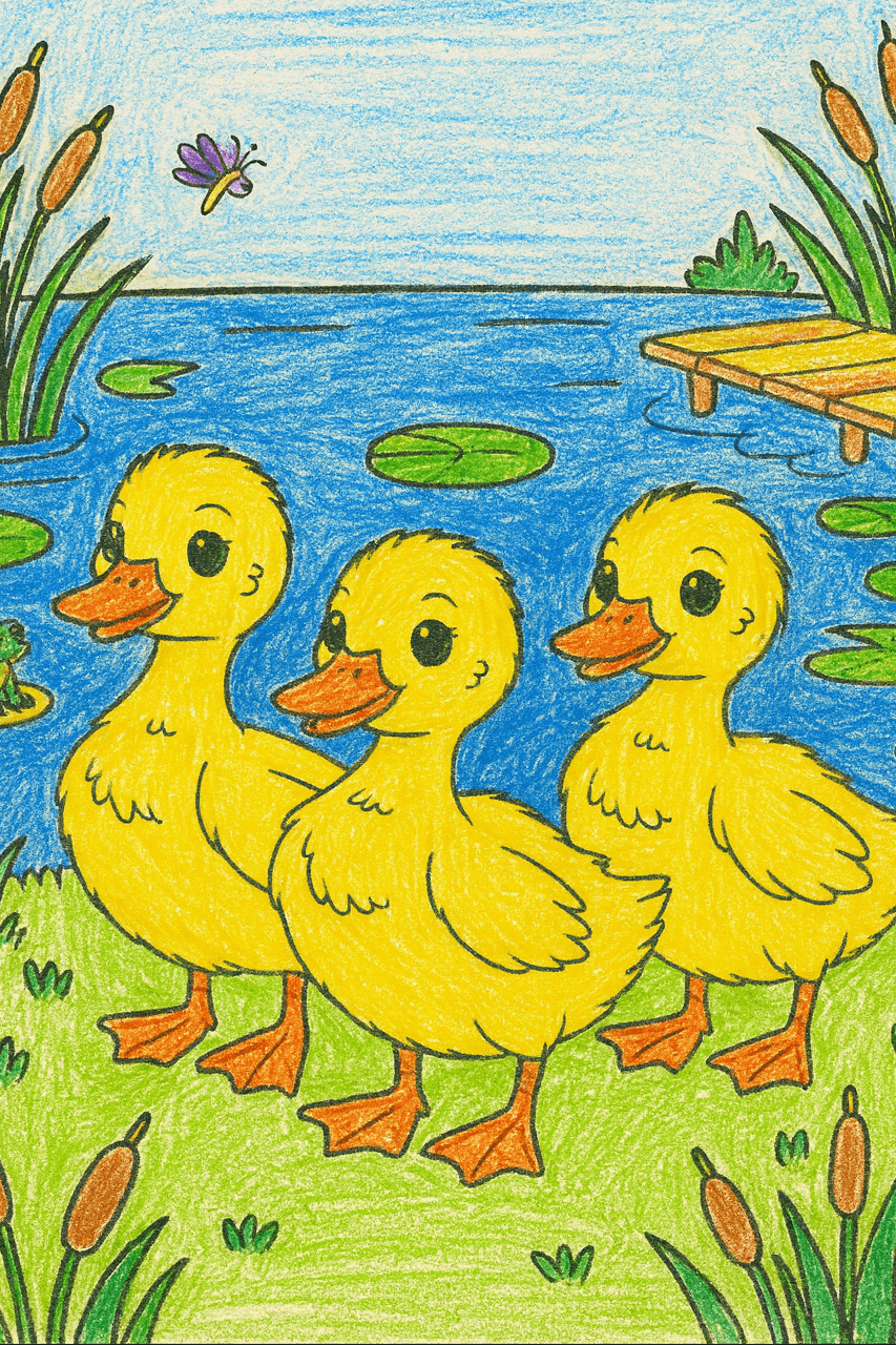Coloring page with three ducklings by a pond