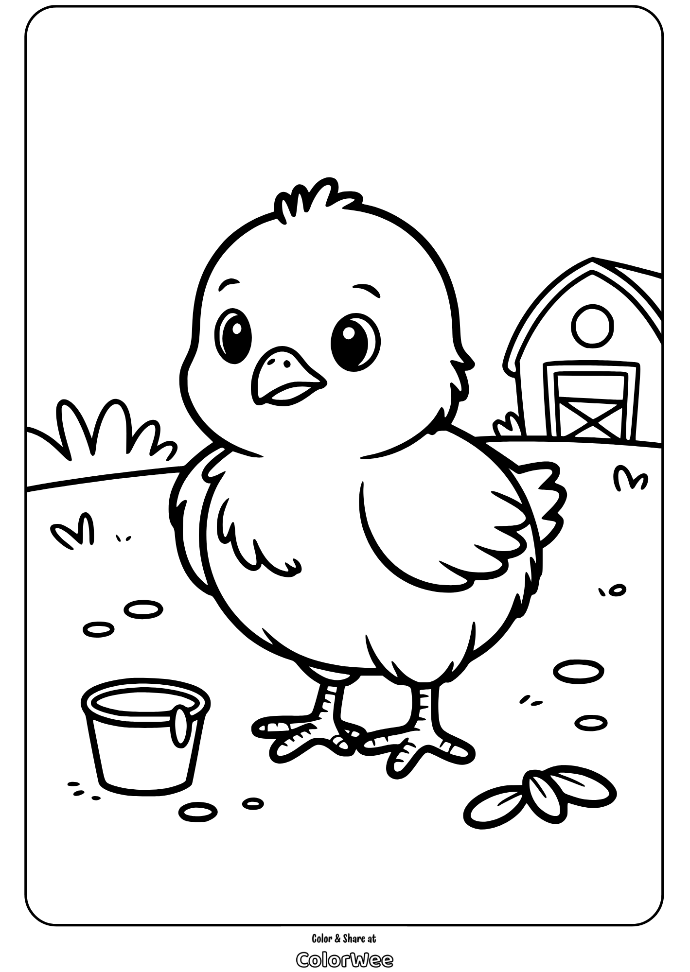 Cute chick coloring page with barnyard scene.