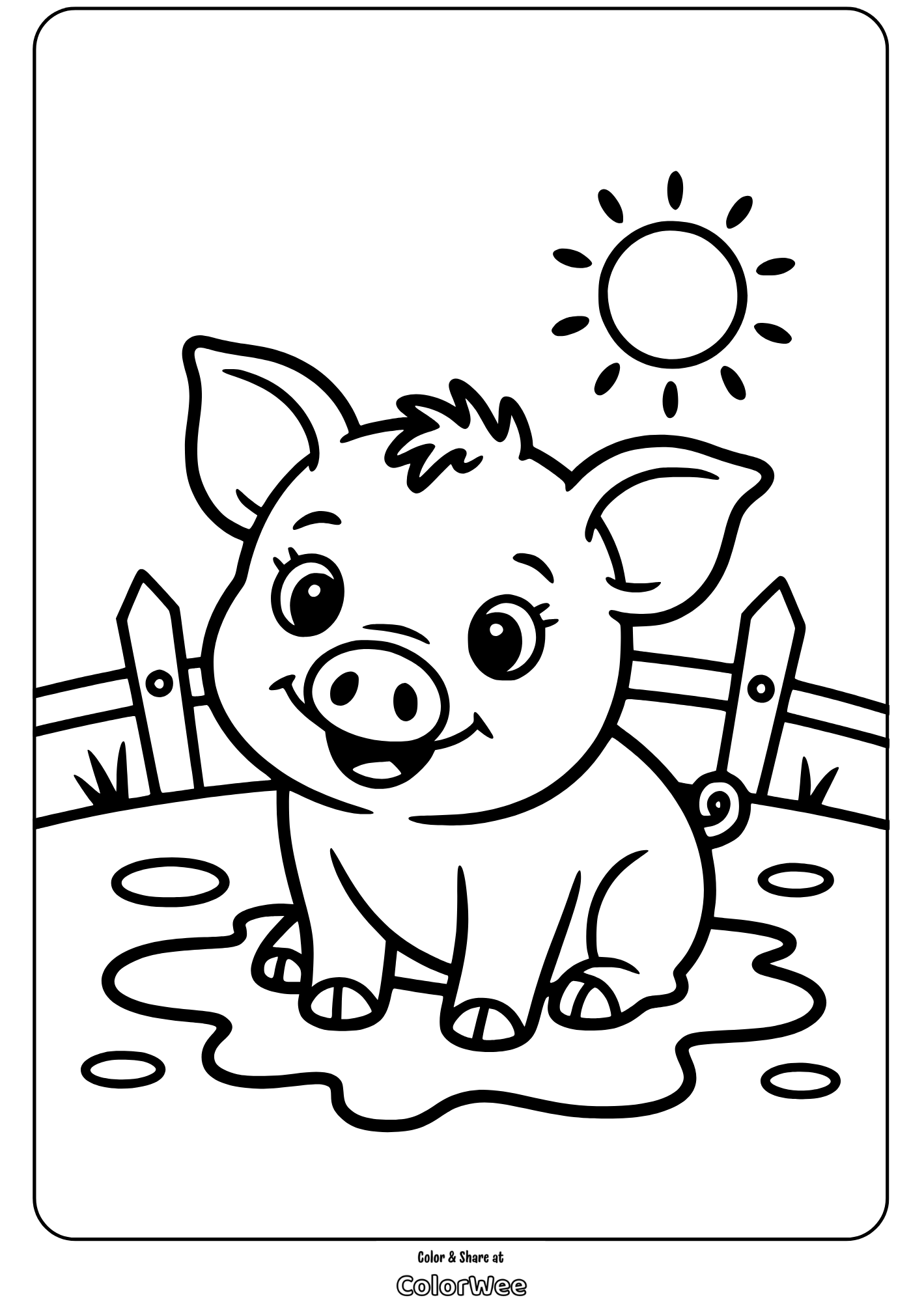 Cute piglet coloring page with a sun and fence background.
