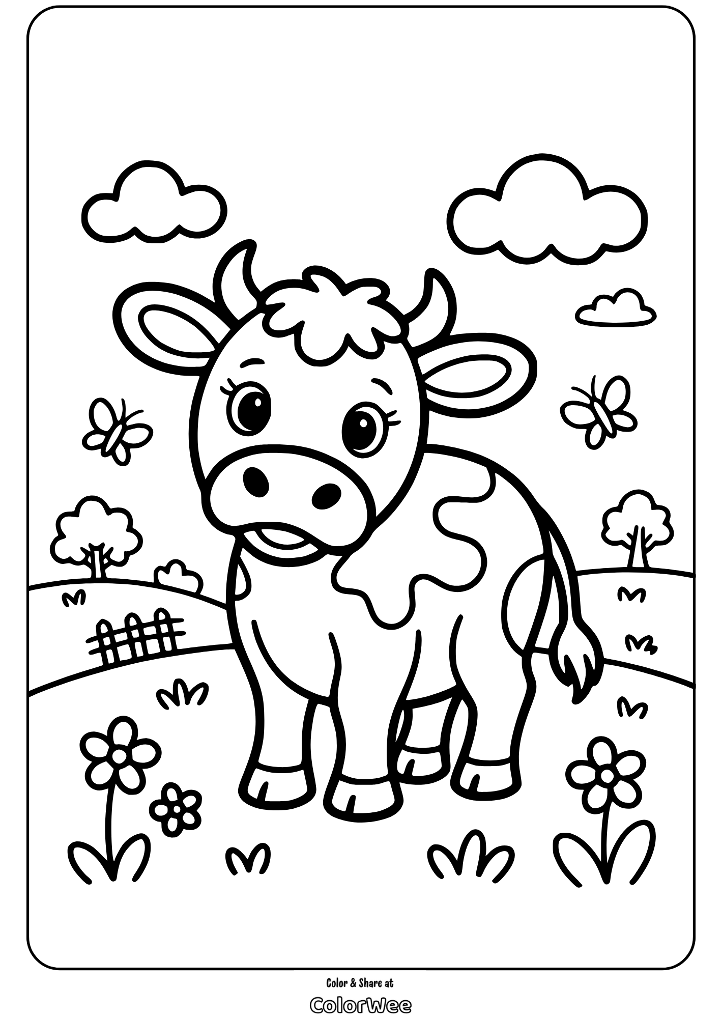 Cute cow coloring page with flowers and butterflies in the background.