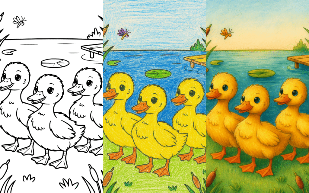 Coloring page of cute ducklings by a pond