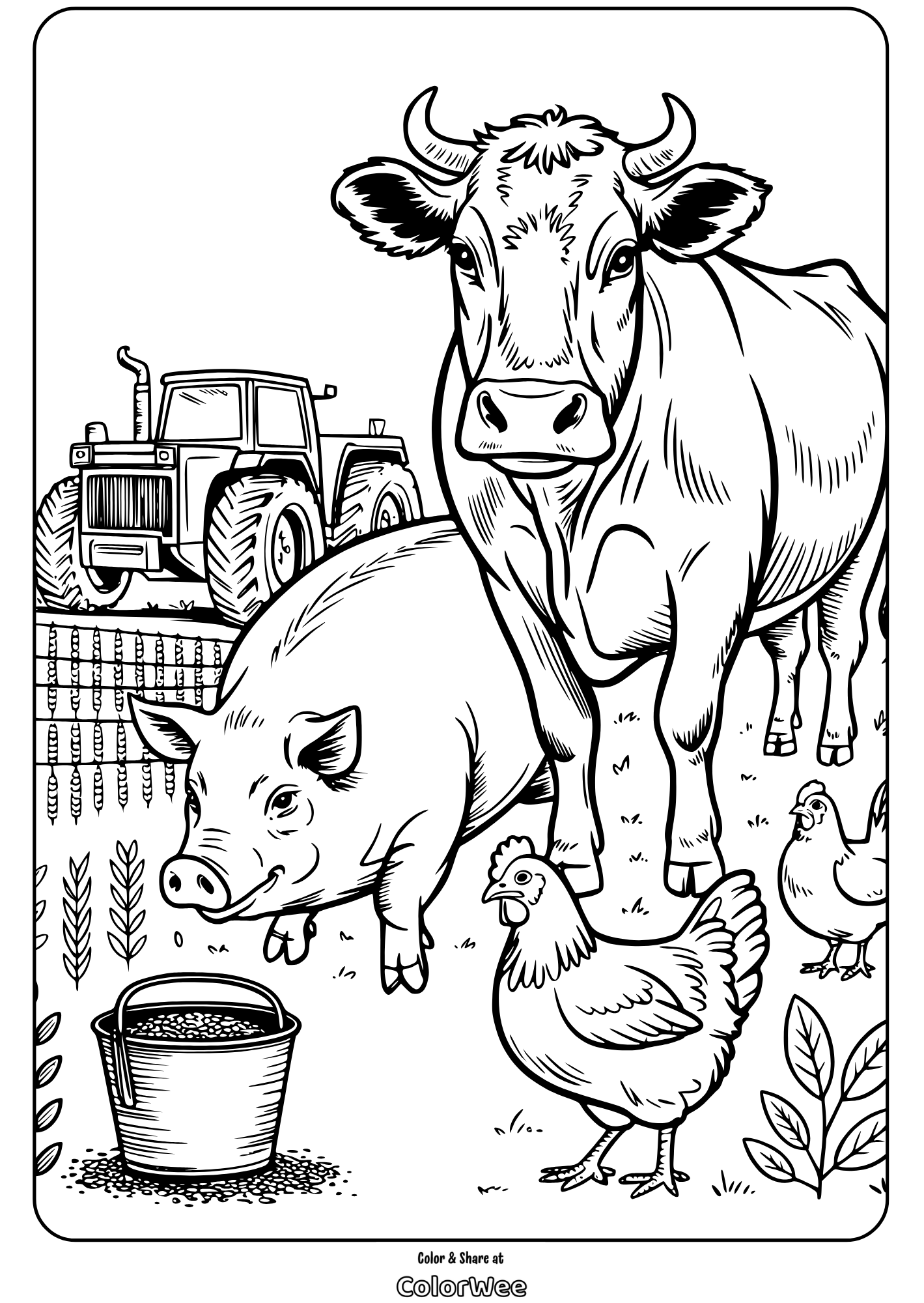 Farm animals coloring page: cow, pig, chickens, tractor scene.