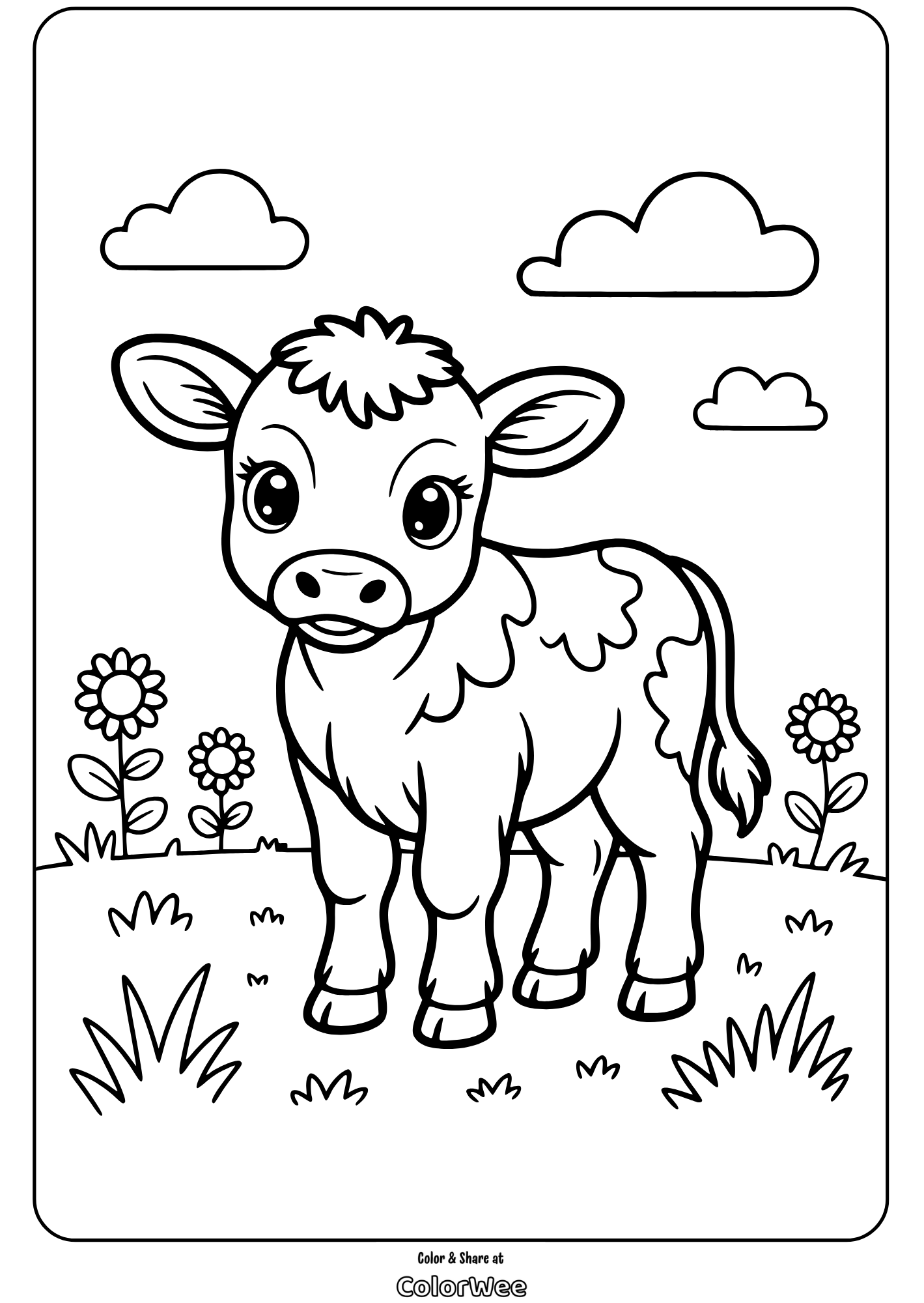 Cute cow coloring page for kids with flowers and clouds.