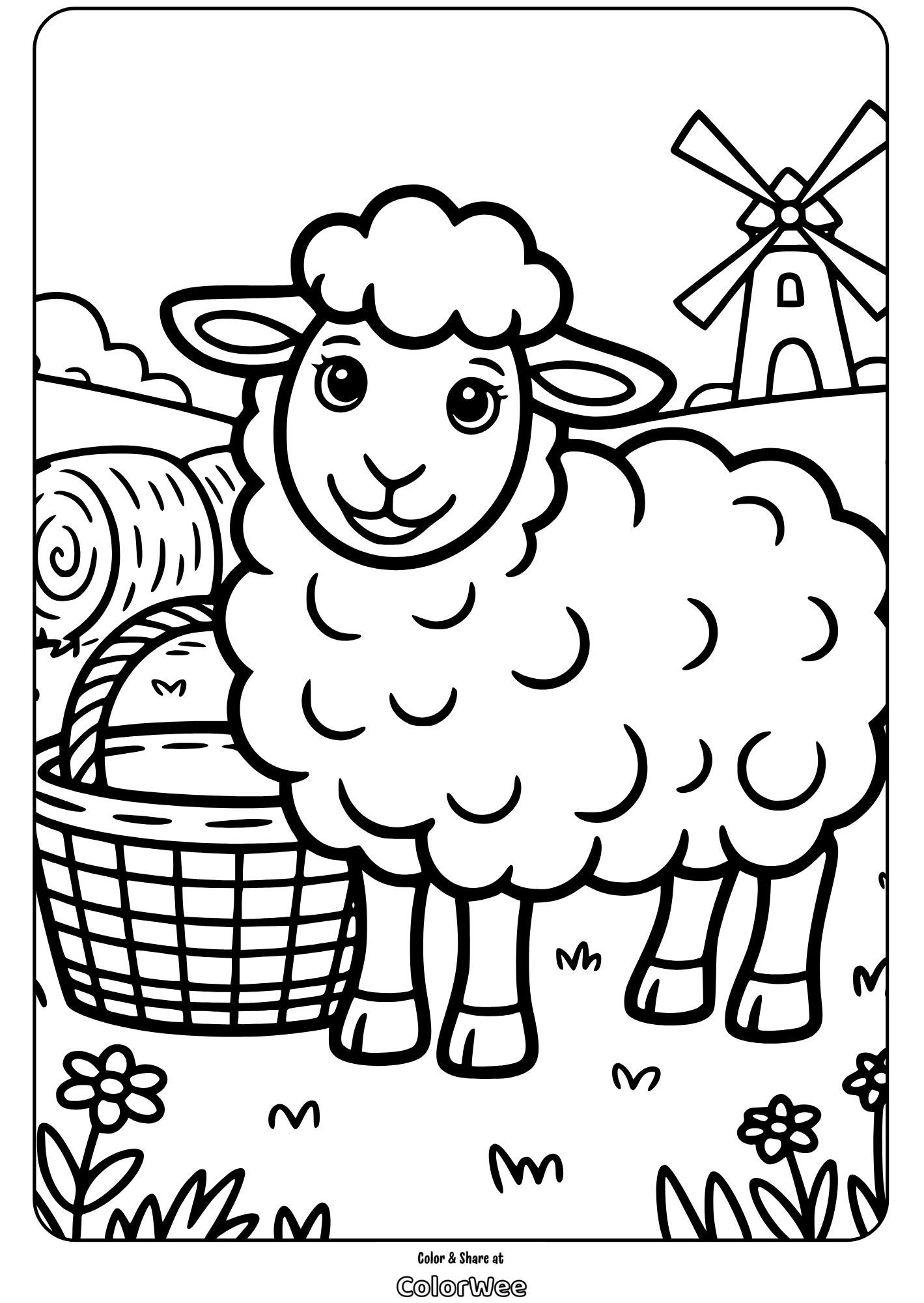 Sheep in a field with a windmill and a basket coloring page.