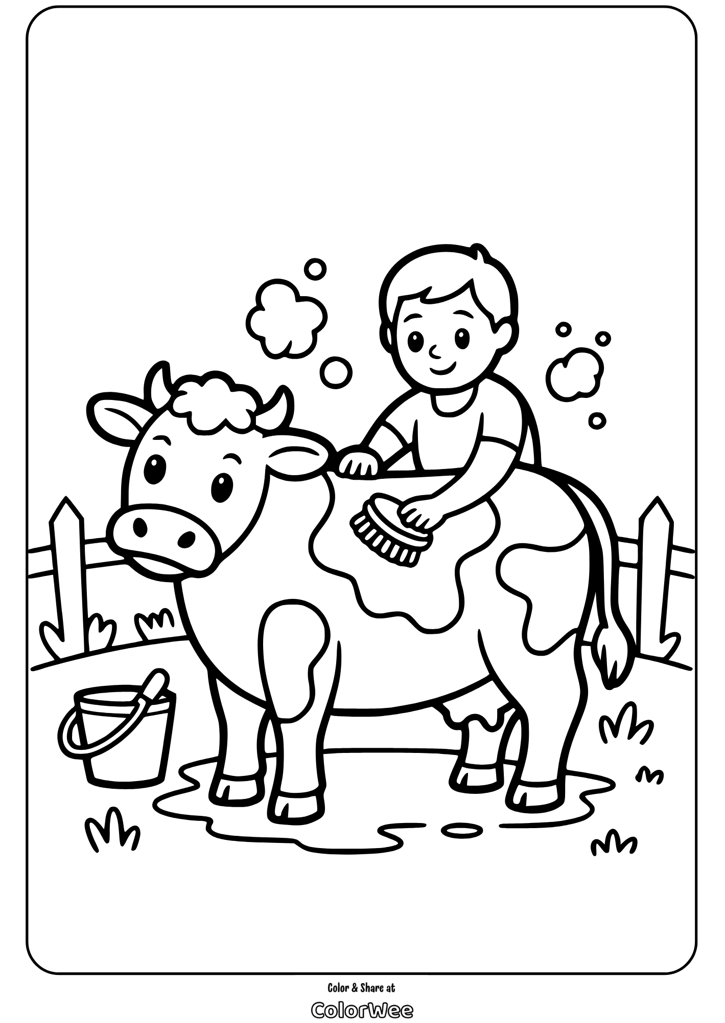 Boy brushing cow coloring page, fun farm scene for kids.